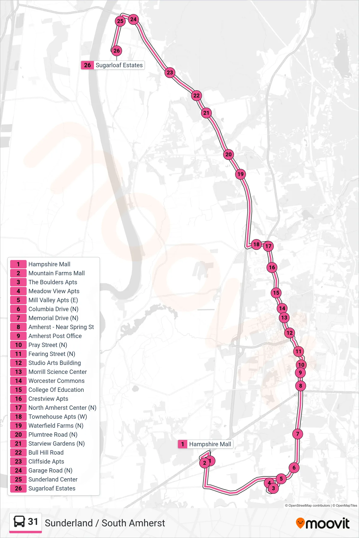31 bus Line (Sunderland) route and stops on a map