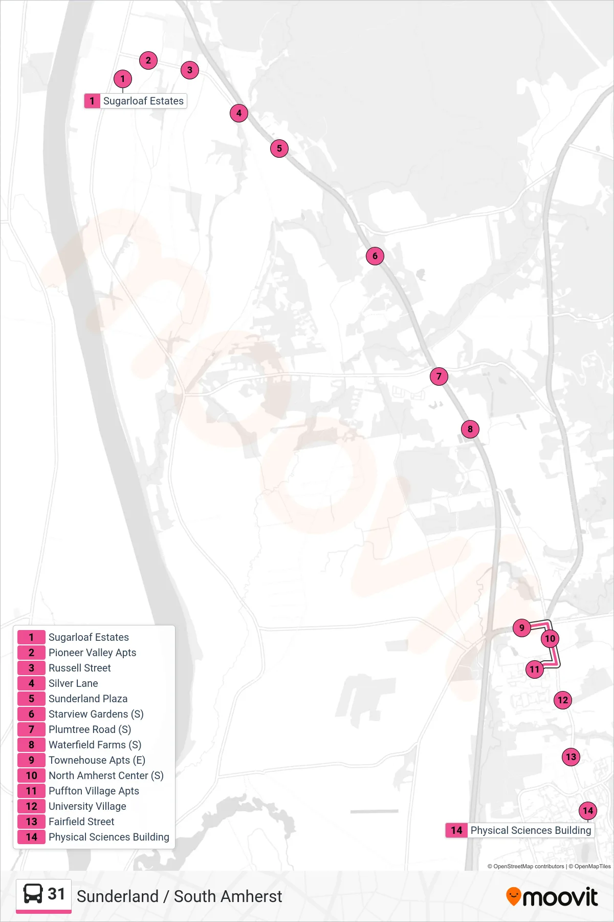31 bus Line (Umass) route and stops on a map