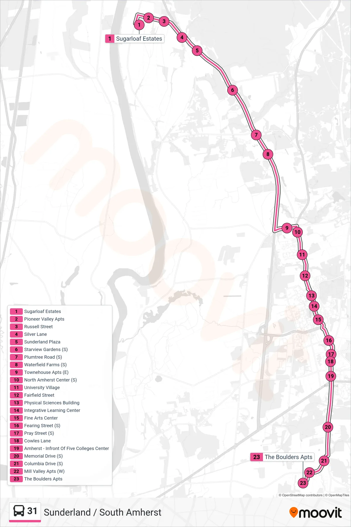 31 bus Line (South Amherst) route and stops on a map