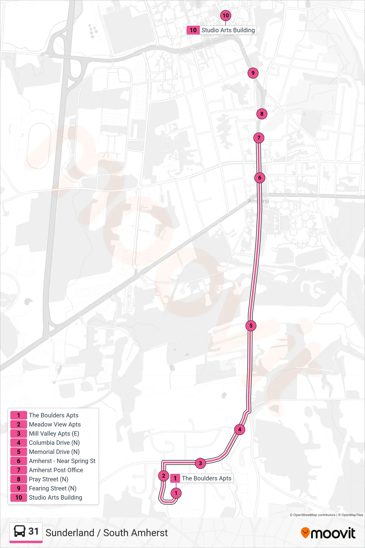 31 bus Line (Umass) route and stops on a map