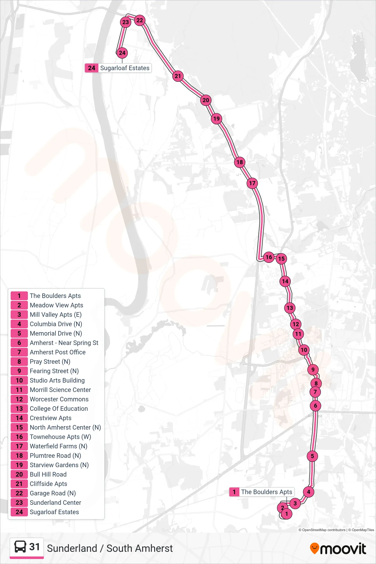 31 bus Line (Whately Park & Ride Via Sunderland - No Crestview) route and stops on a map