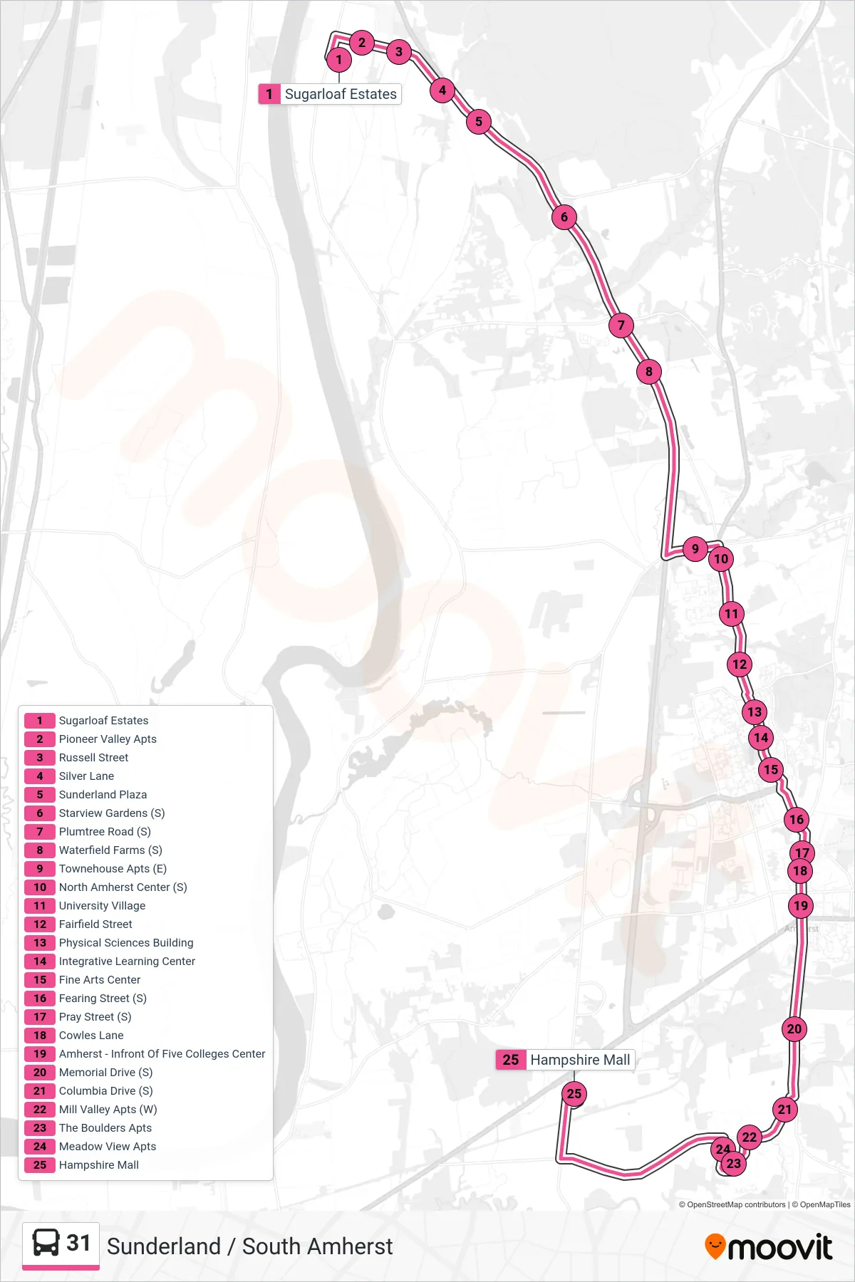 31 bus Line (Hampshire Mall Via South Amherst) route and stops on a map