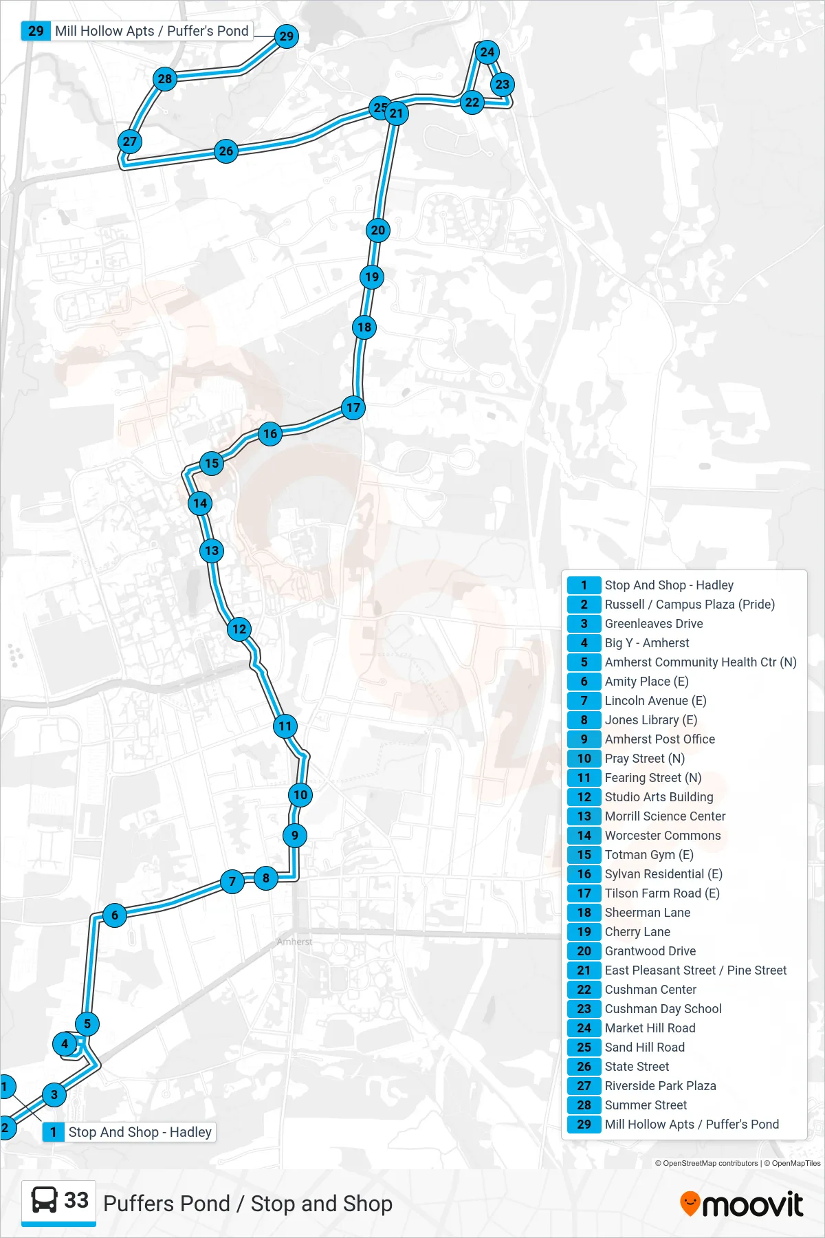 33 bus Line (Puffers Pond) route and stops on a map