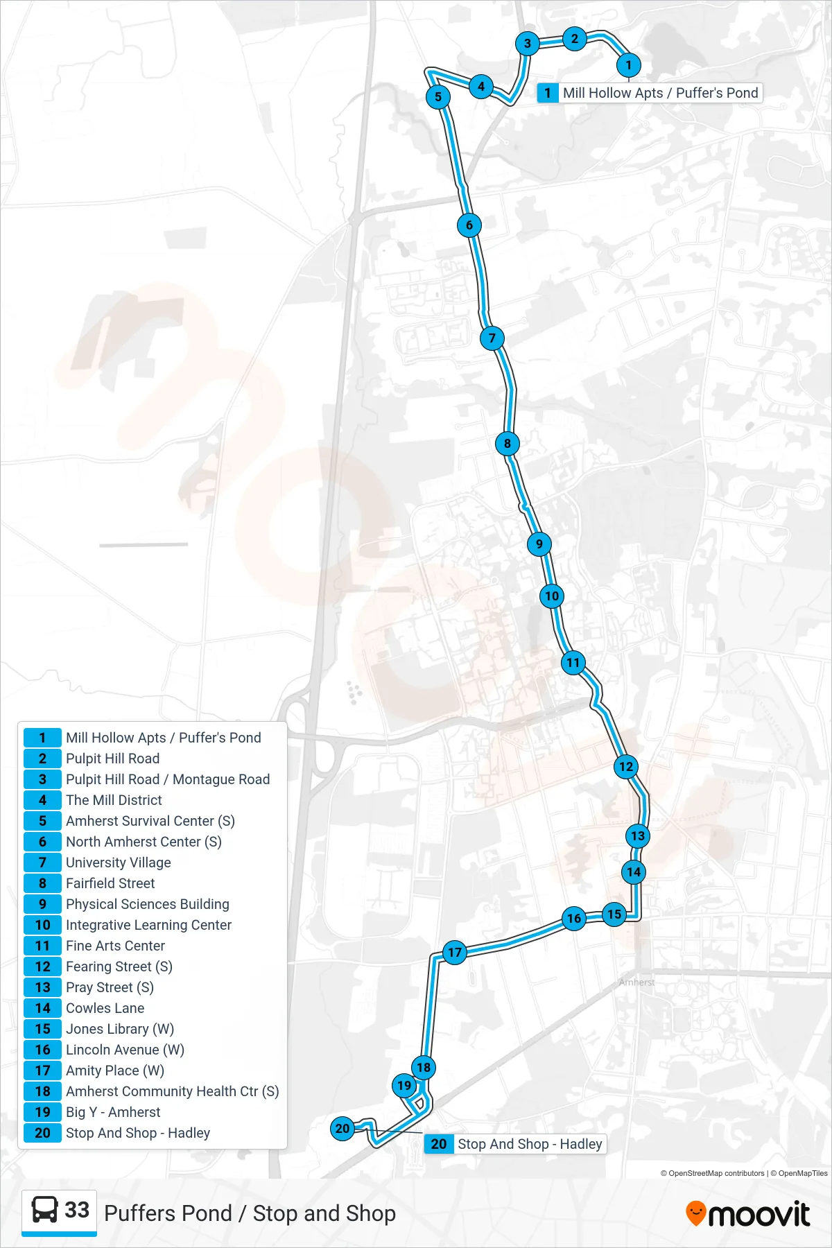 33 bus Line (Big Y / Stop And Shop) route and stops on a map