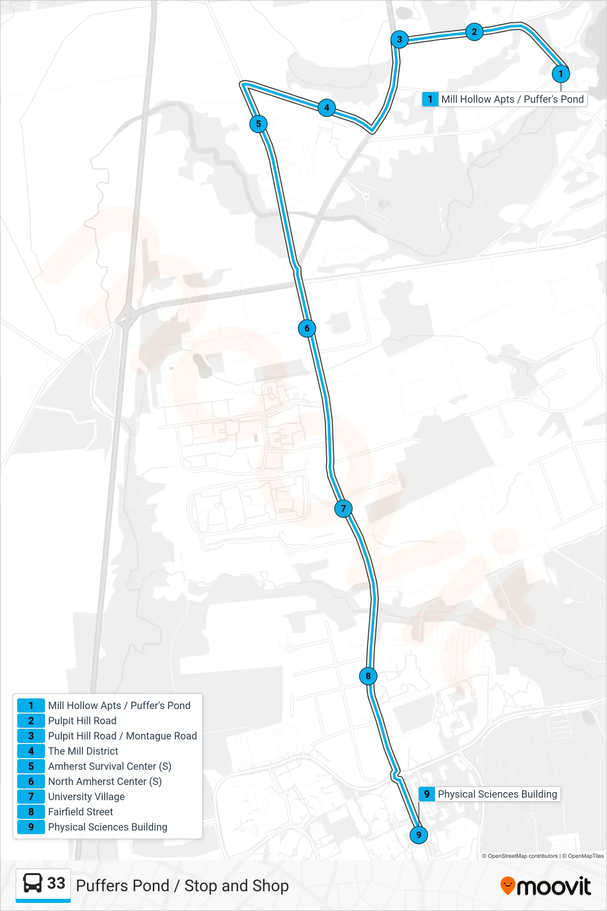 33 bus Line (Umass) route and stops on a map