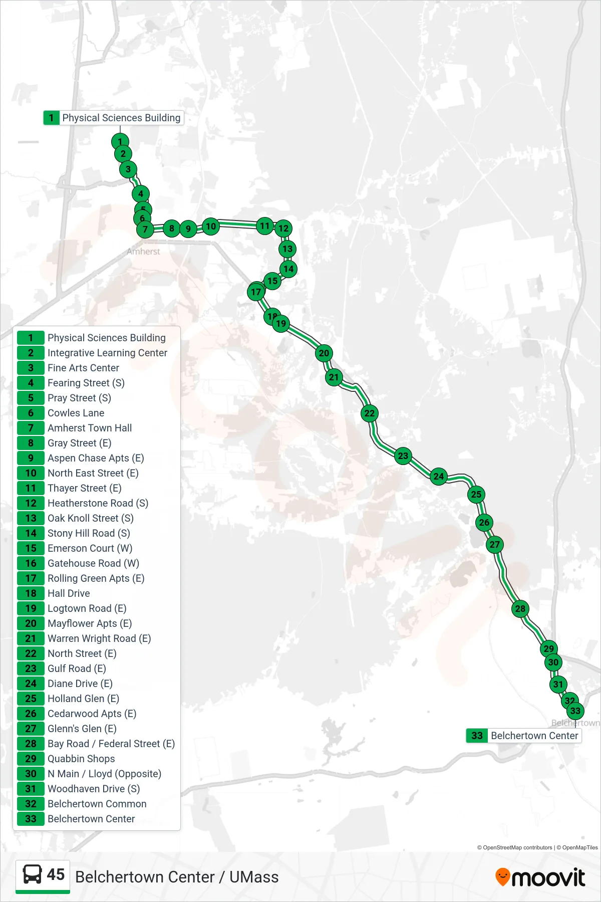 45 bus Line (Belchertown Center Via Gatehouse Road) route and stops on a map