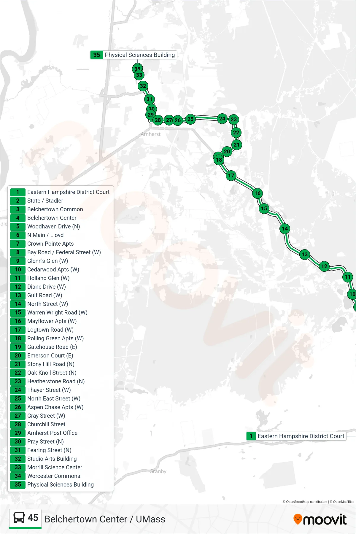 45 bus Line (Umass) route and stops on a map