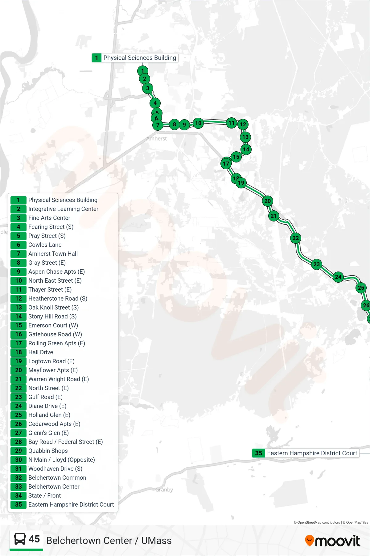 45 bus Line (Courthouse Via Belchertown Center) route and stops on a map