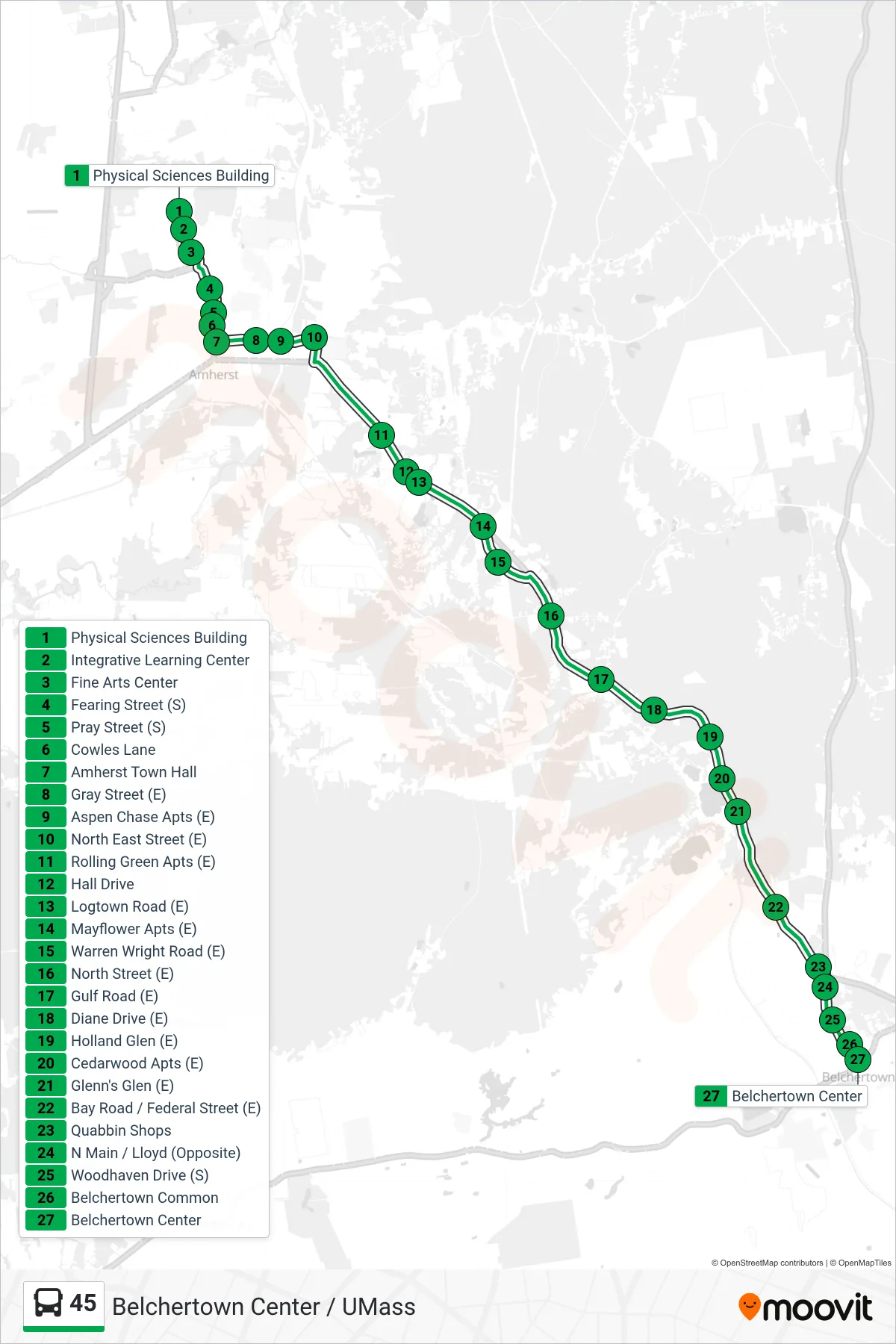 45 bus Line (Belchertown Center) route and stops on a map