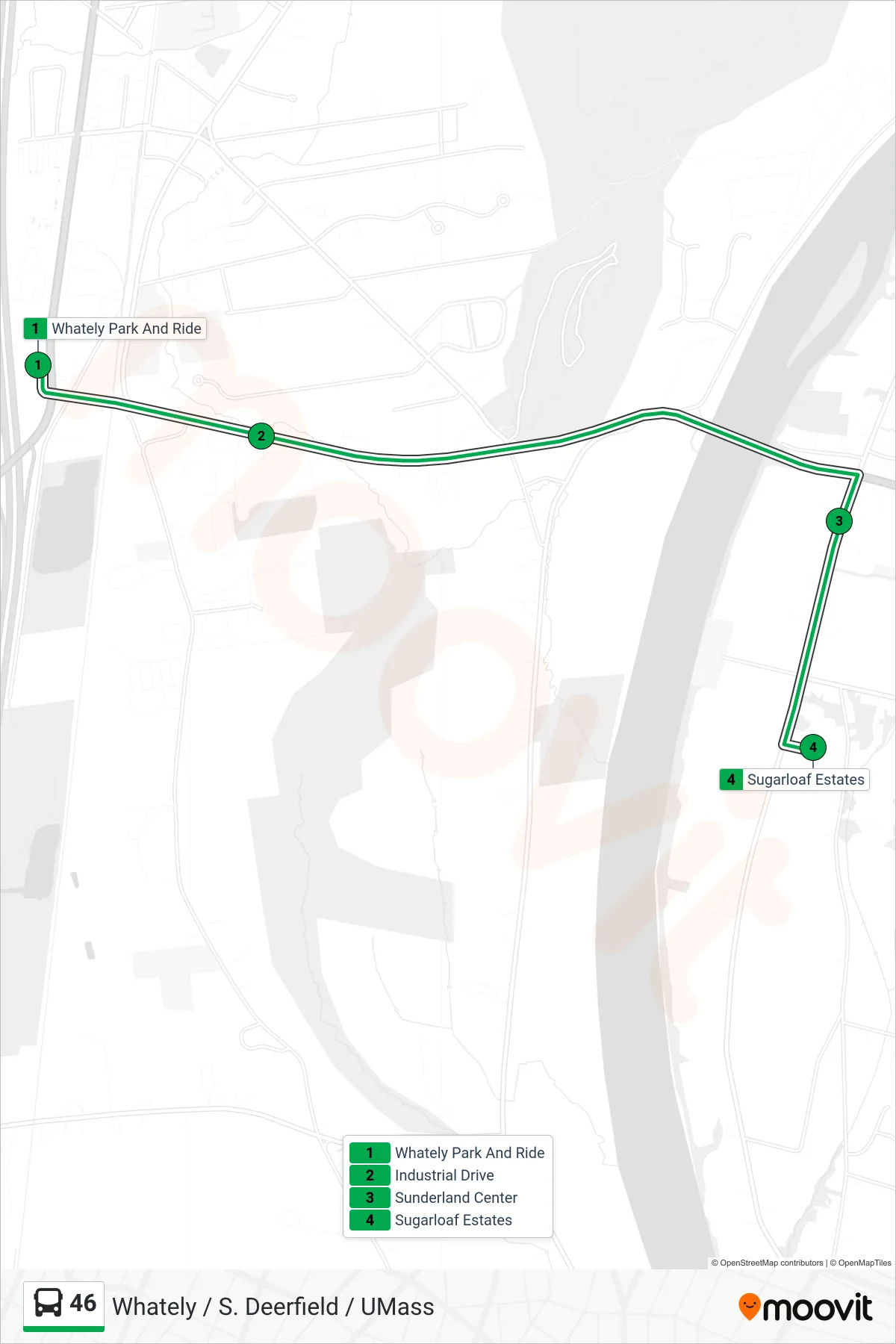 46 bus Line (Umass Via Sunderland) route and stops on a map