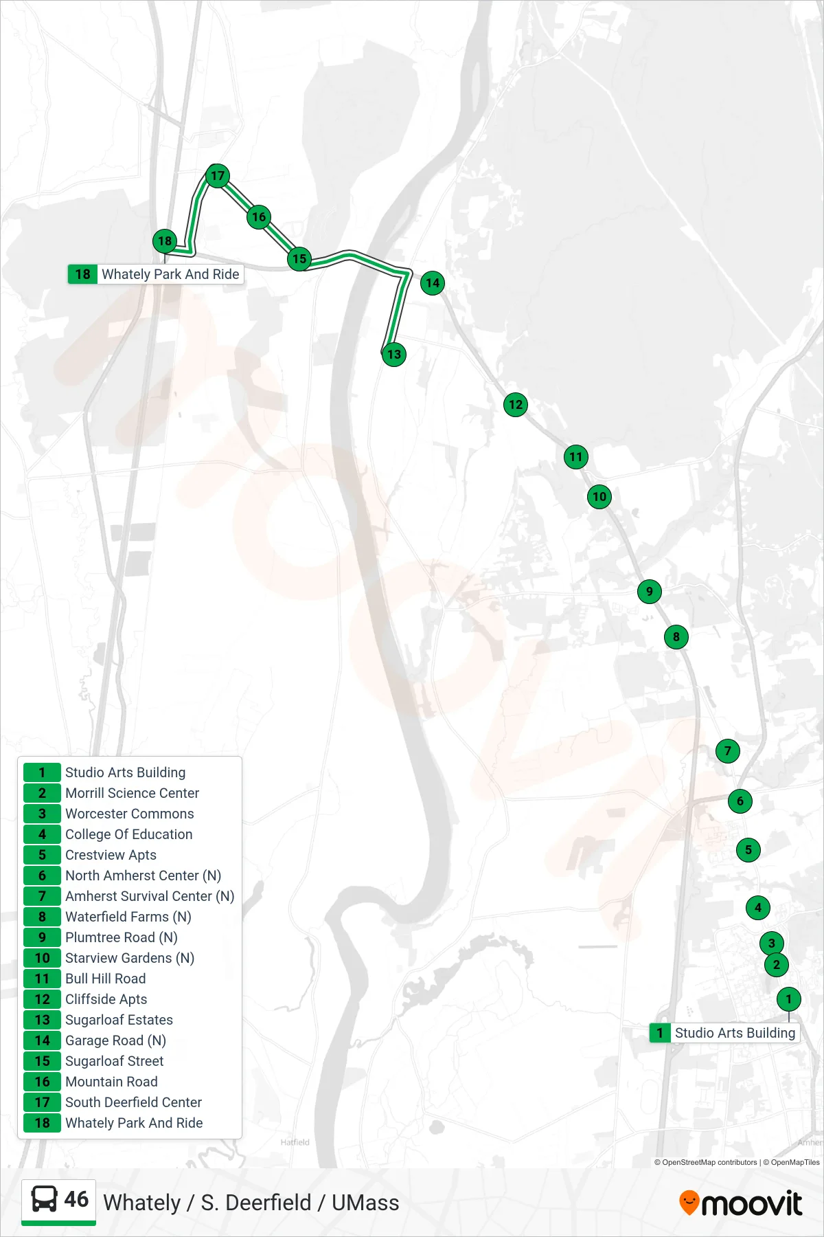 46 bus Line (Whately Park & Ride Via S. Deerfield) route and stops on a map