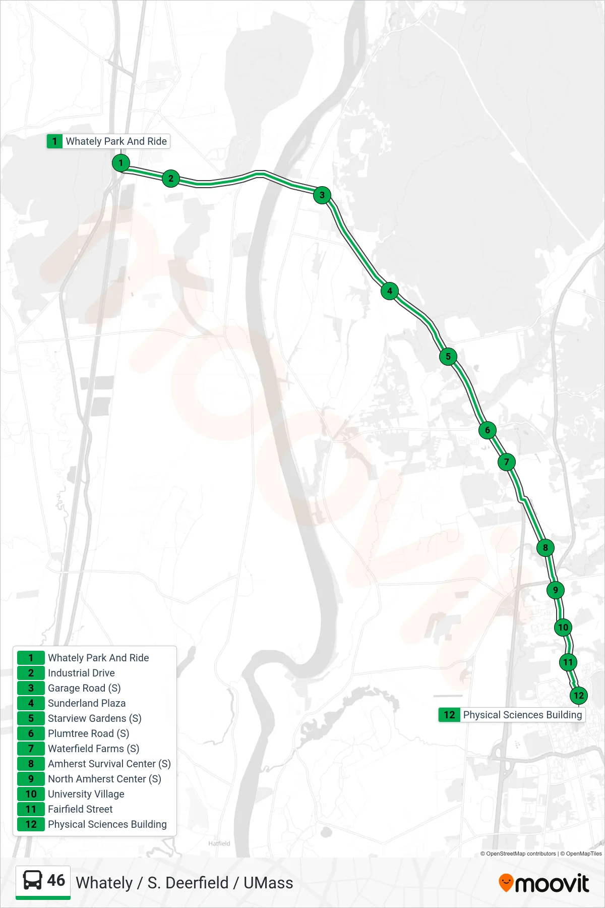 46 bus Line (Umass) route and stops on a map