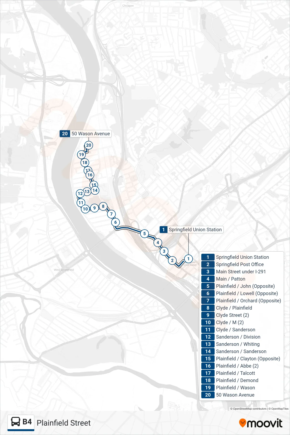 B4 bus Line (Plainfield St To Wason Ave) route and stops on a map