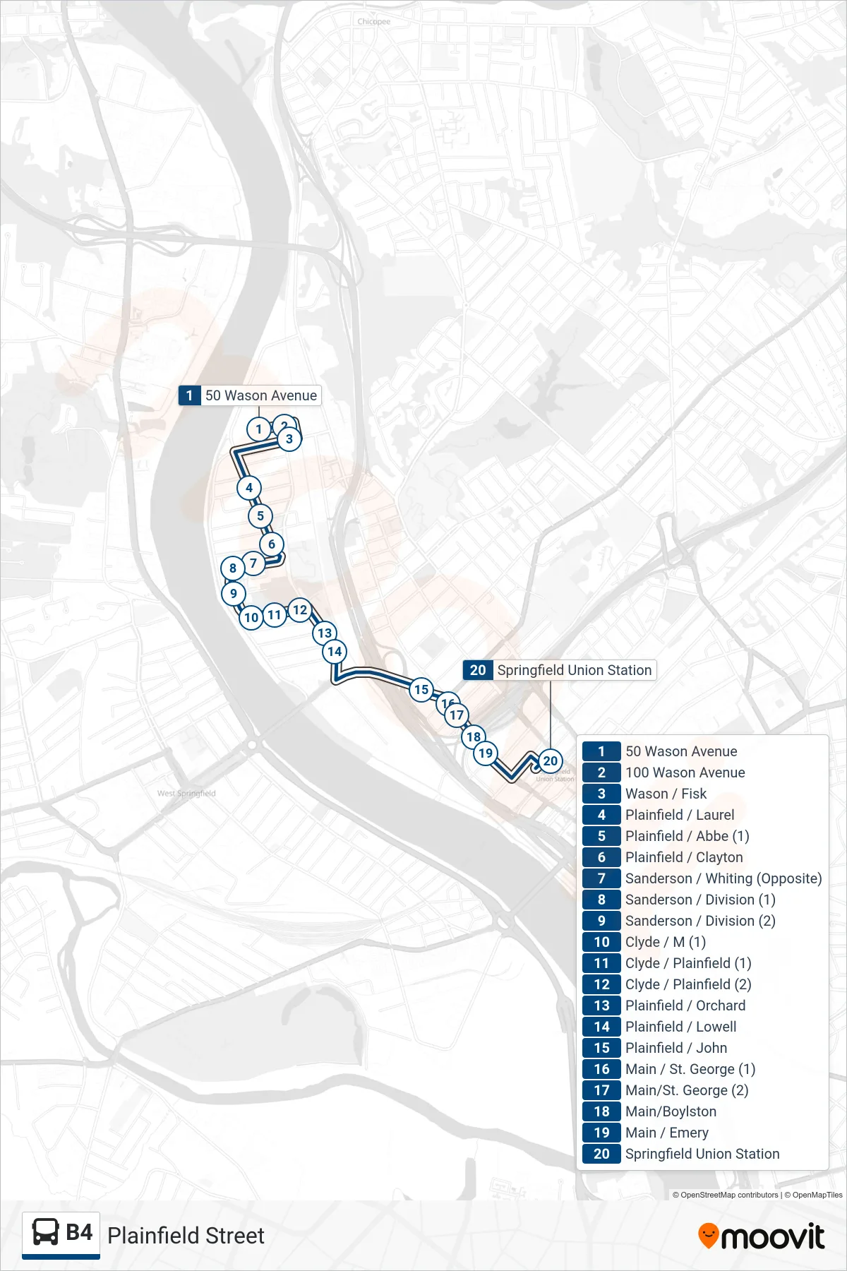 B4 bus Line (Union Station) route and stops on a map