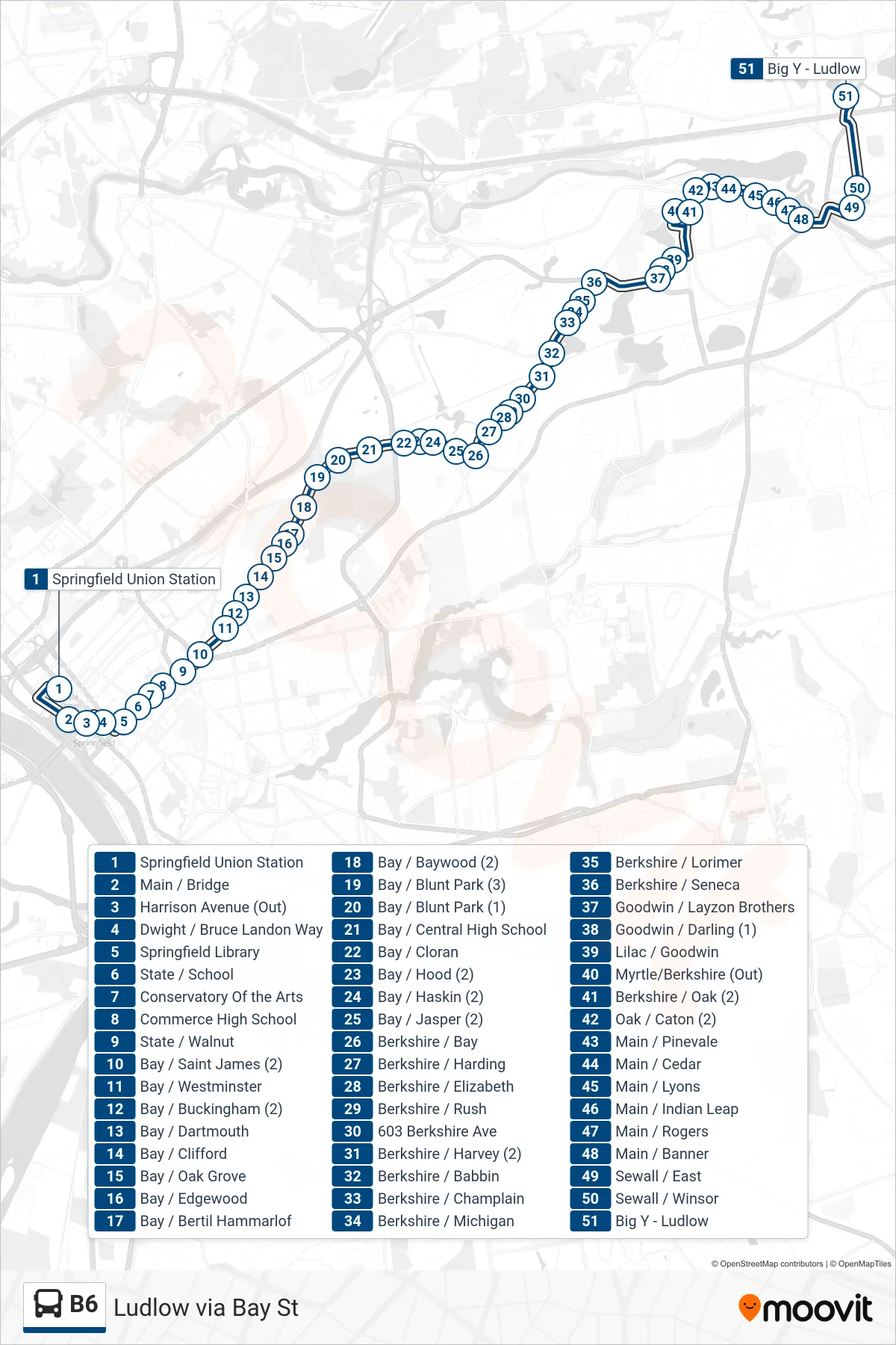 B6 bus Line (Ludlow Big Y Via Bay/Berkshire/Pasco) route and stops on a map