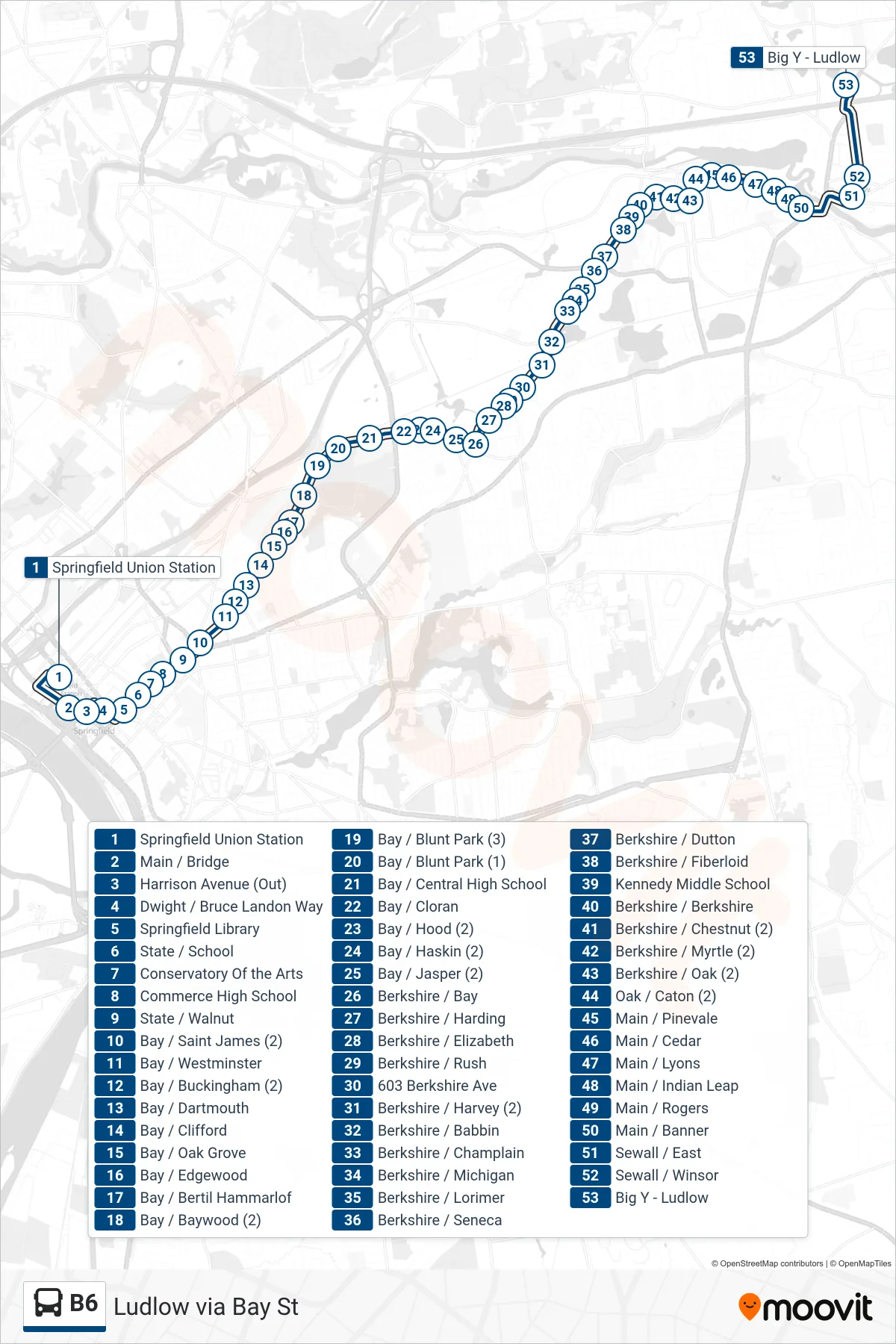 B6 bus Line (Ludlow Big Y Via Bay/Berkshire) route and stops on a map
