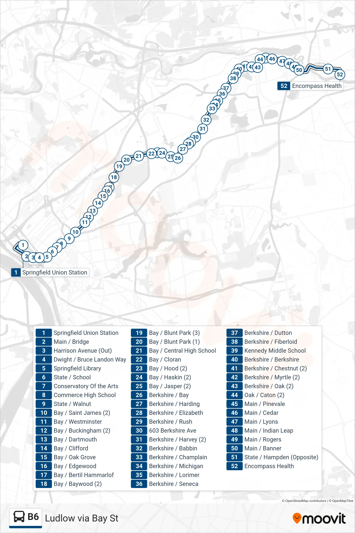 B6 bus Line (Encompass Via Bay/Berkshire) route and stops on a map