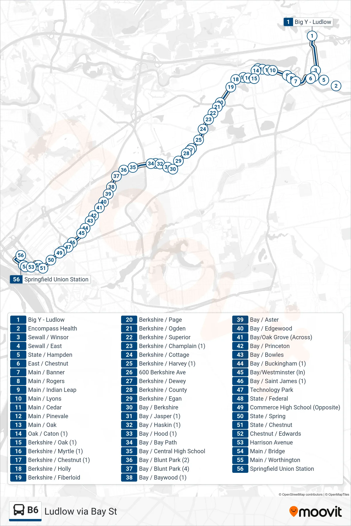 B6 bus Line (Union Station Via Berkshire/Bay) route and stops on a map