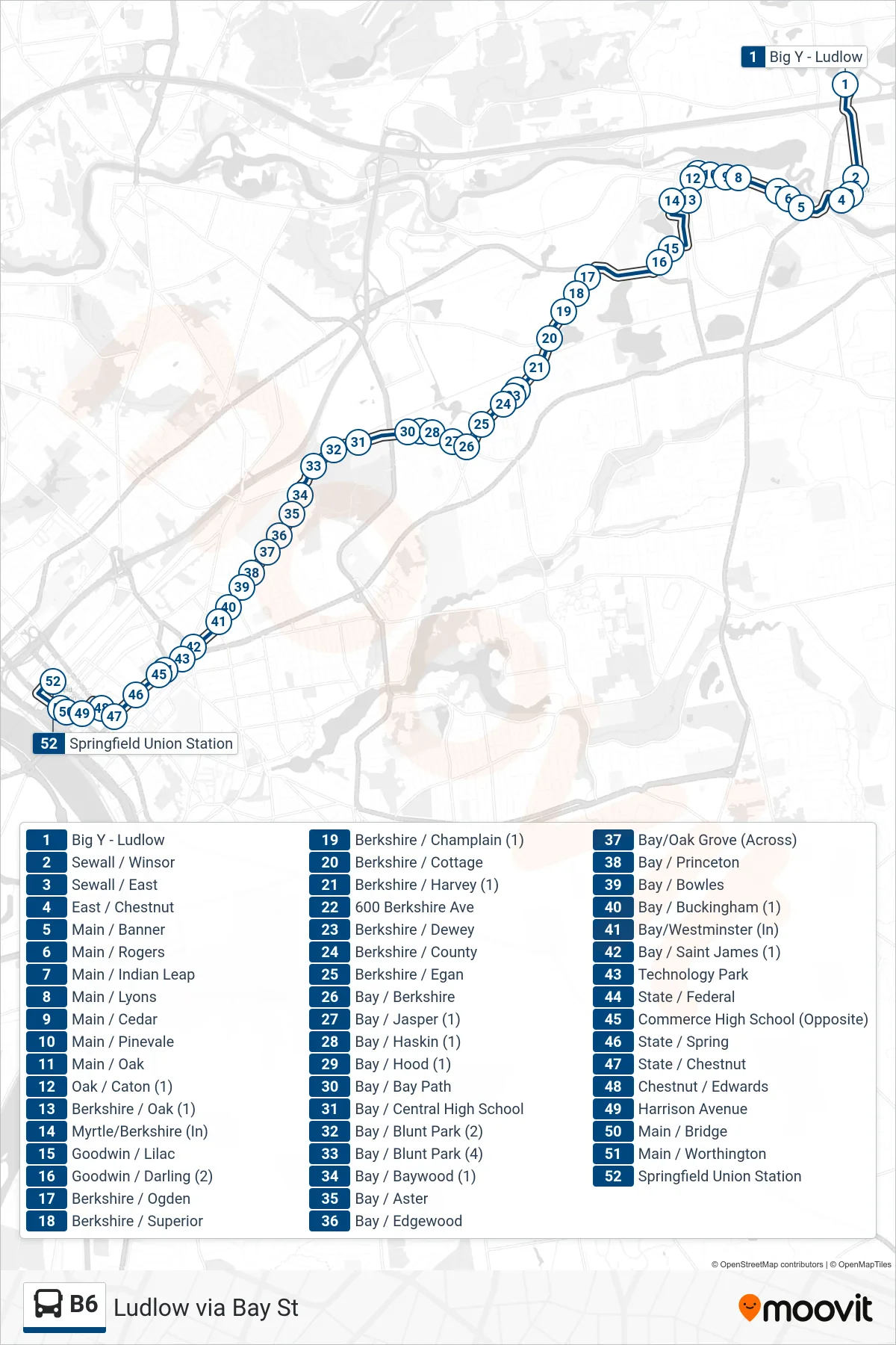 B6 bus Line (Union Station Via Berkshire/Bay/Pasco) route and stops on a map