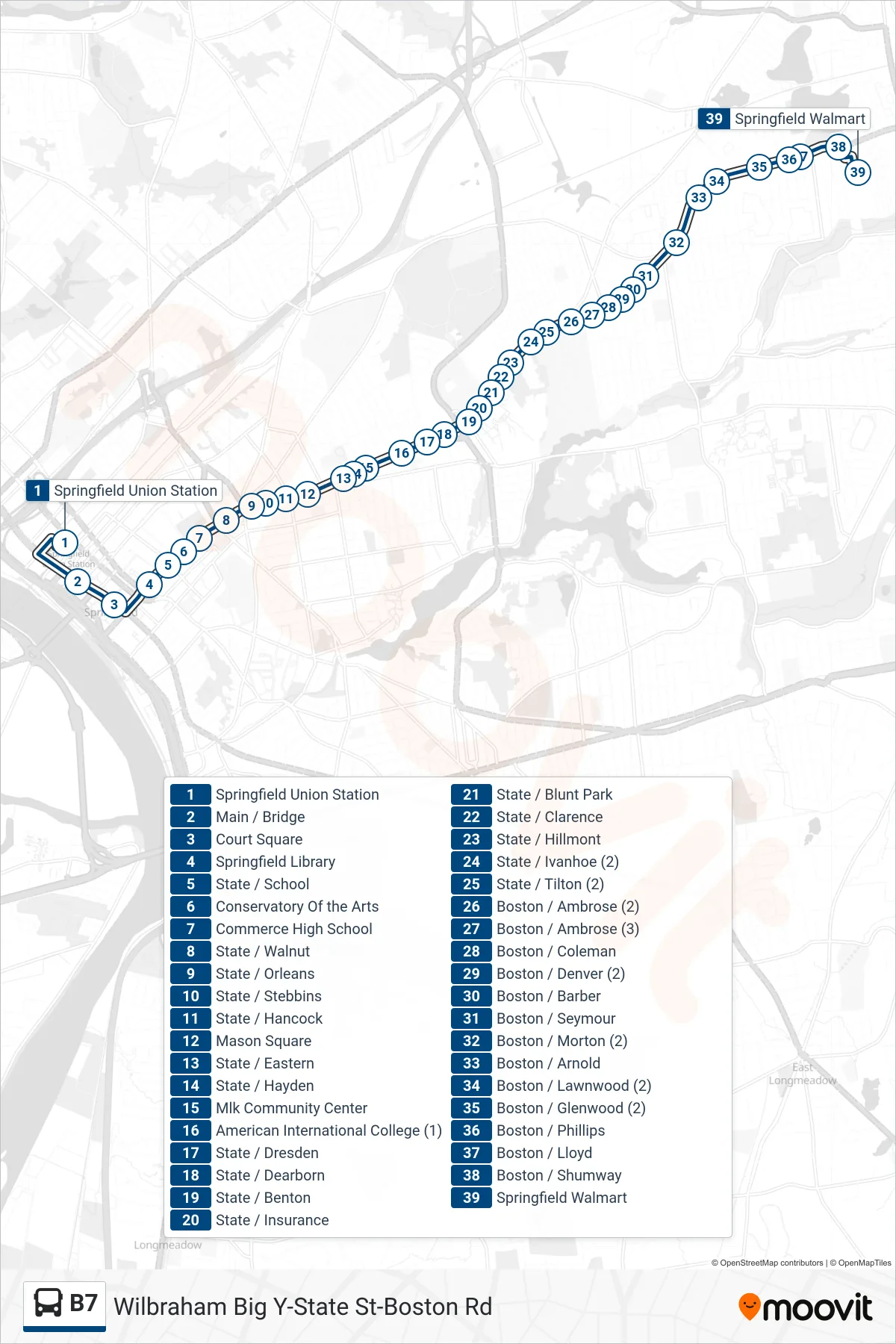 B7 bus Line (Walmart Via State/Boston Rd) route and stops on a map