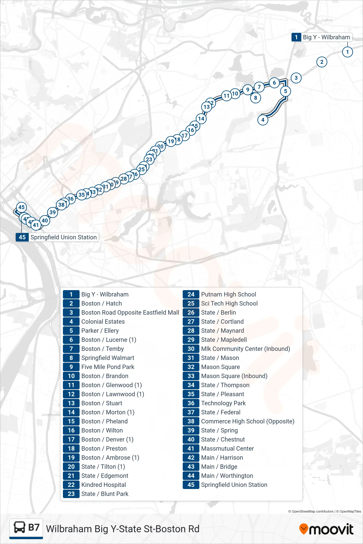B7 bus Line (Union Station) route and stops on a map