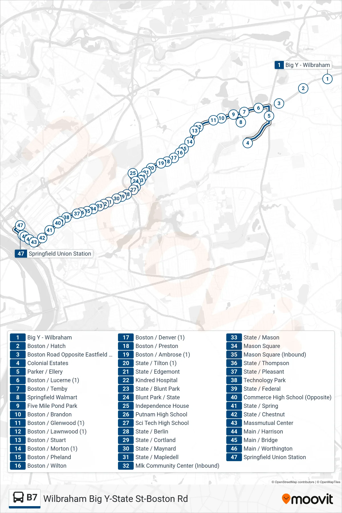 B7 bus Line (Union Station Via Independence House) route and stops on a map