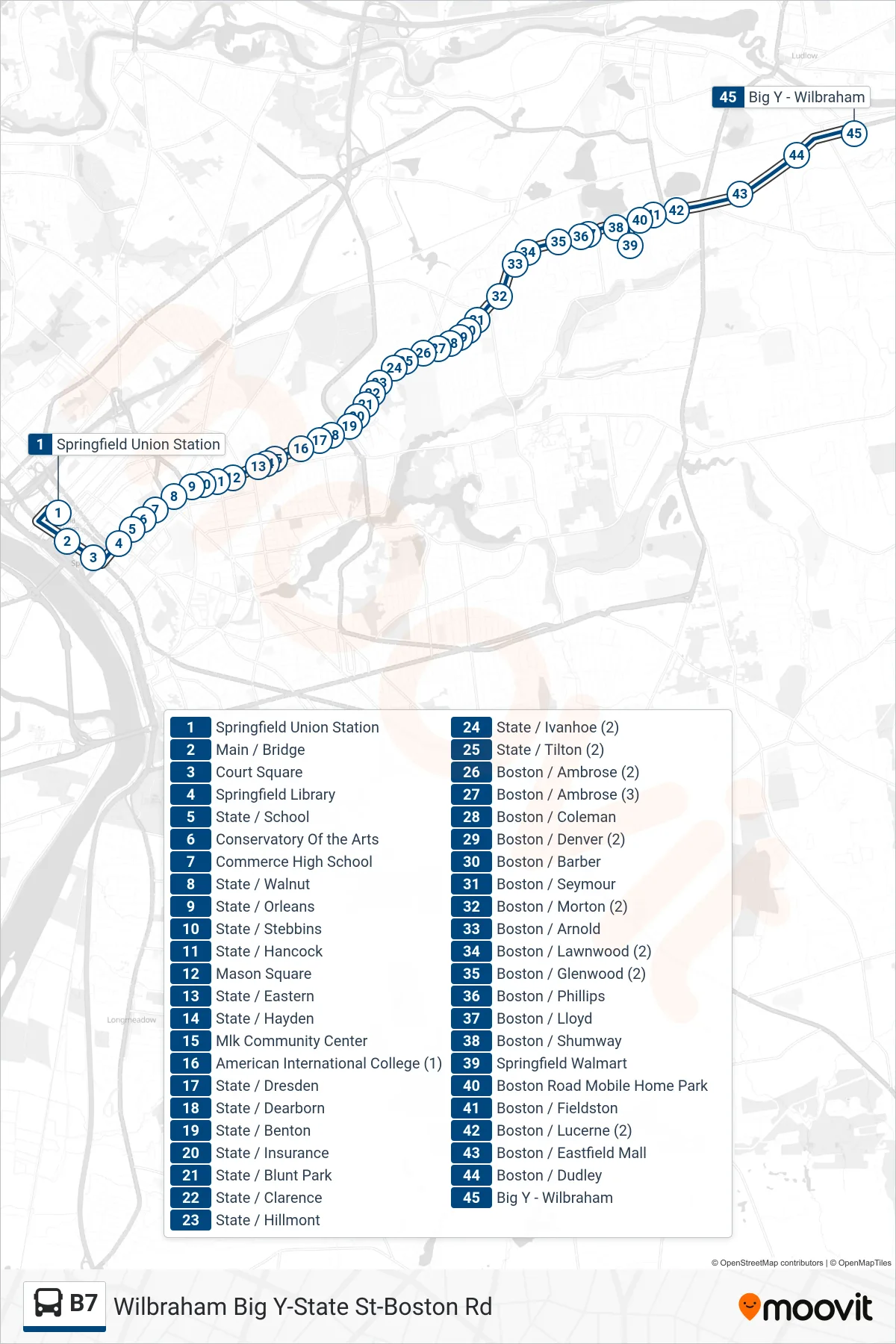 B7 bus Line (Wilbraham Big Y Via State-Boston) route and stops on a map