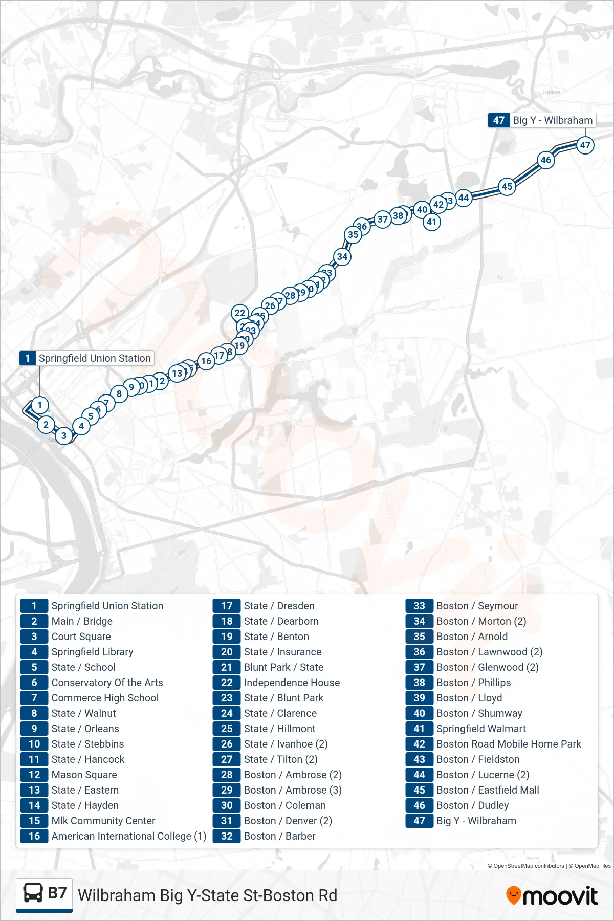 B7 bus Line (Wilbraham Big Y Via Independence House) route and stops on a map