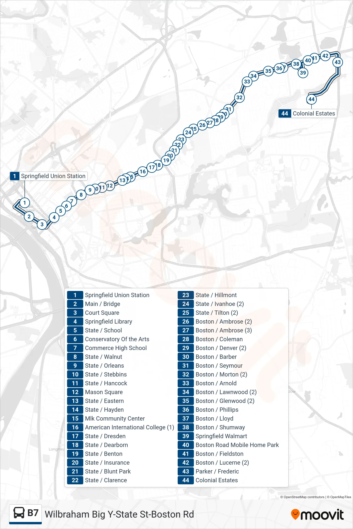 B7 bus Line (Colonial Estates Via State-Boston) route and stops on a map