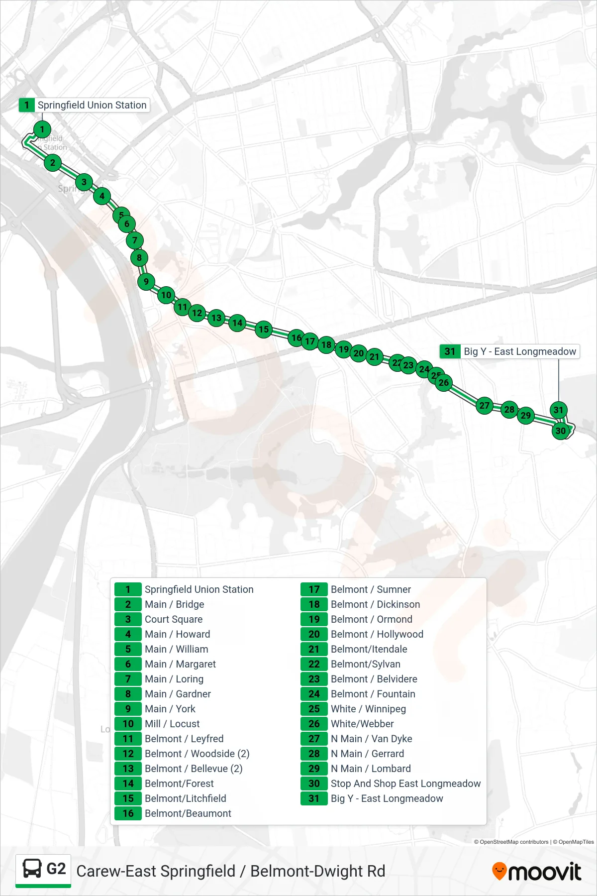 G2 bus Line (E Longmeadow Big Y Via Belmont) route and stops on a map