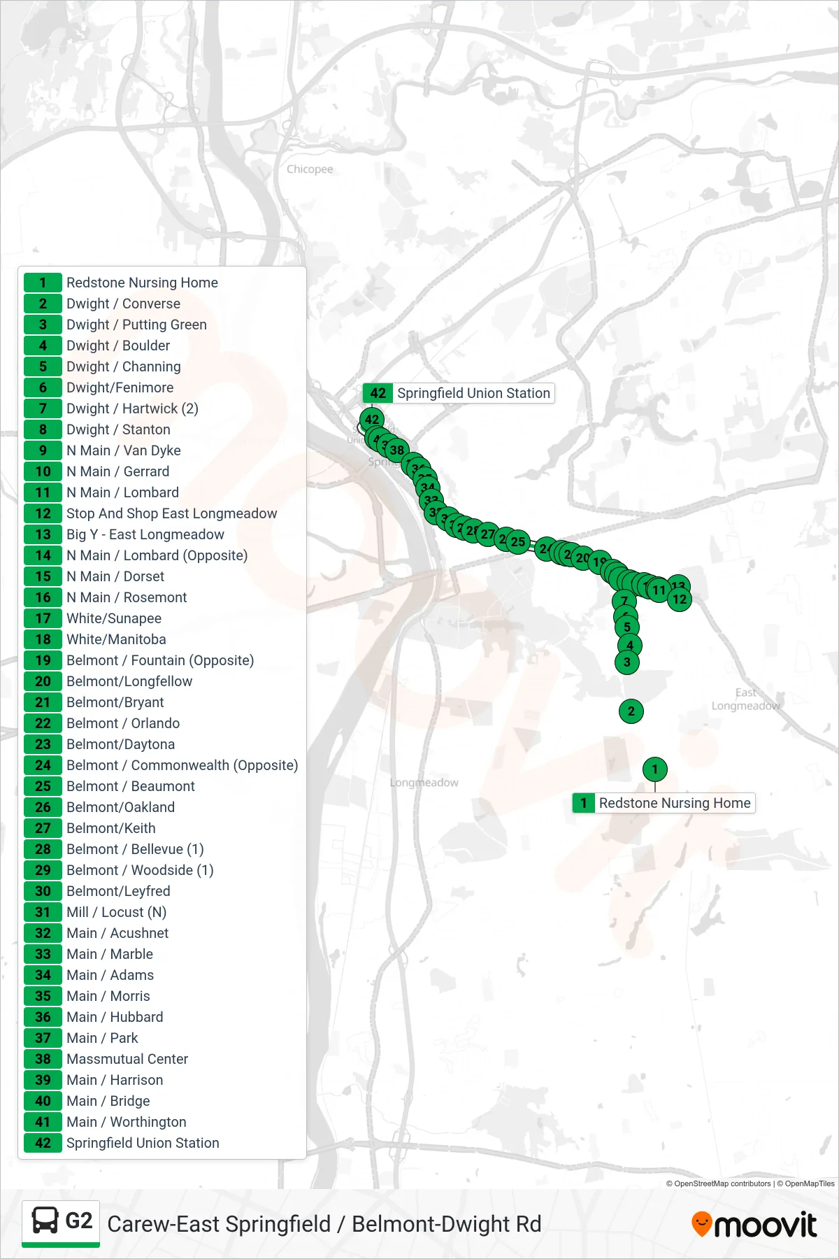 G2 bus Line (E Springfield Via Union Station) route and stops on a map