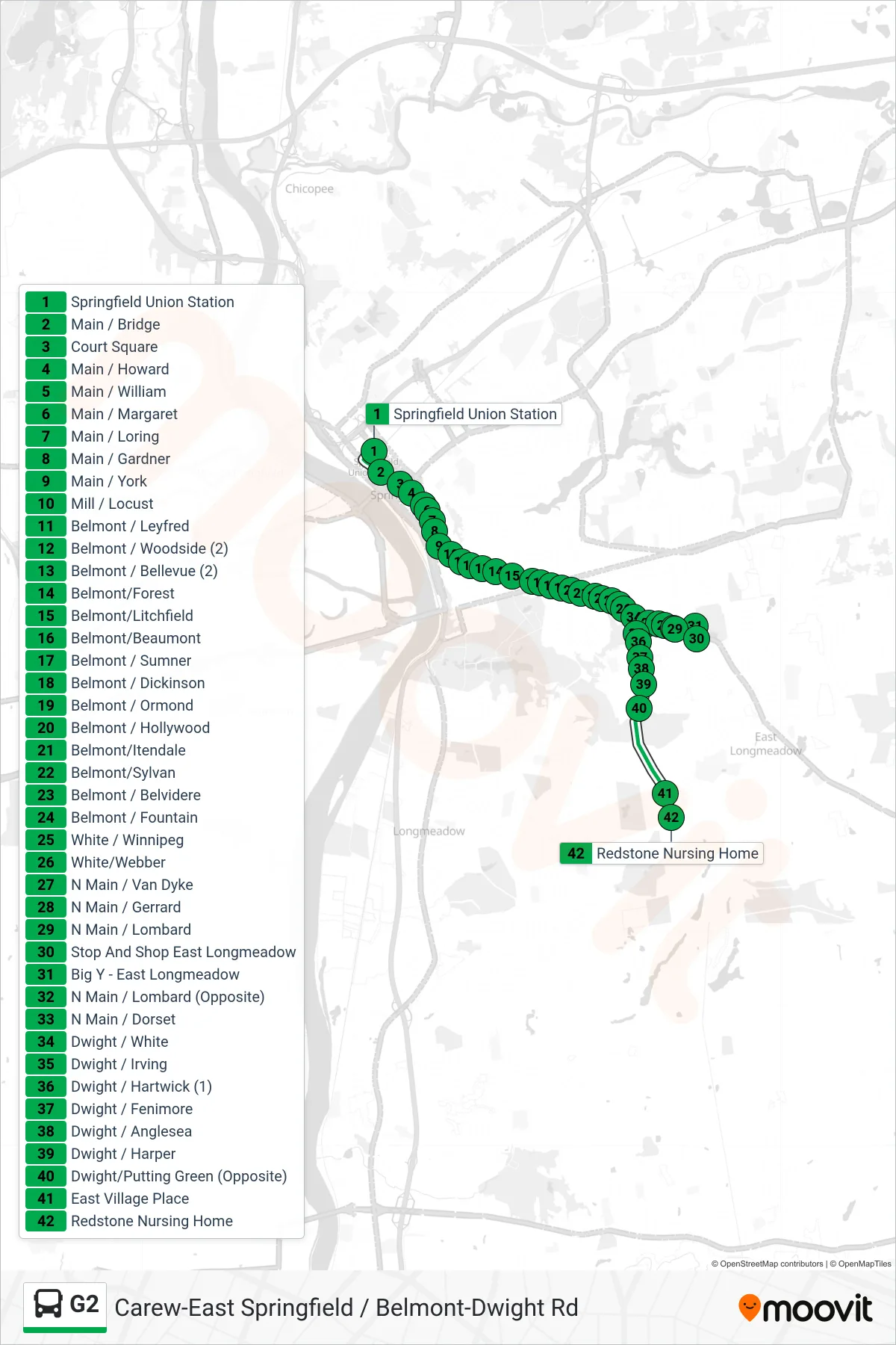 G2 bus Line (E Longmeadow Big Y To Dwight Rd Via Belmont) route and stops on a map