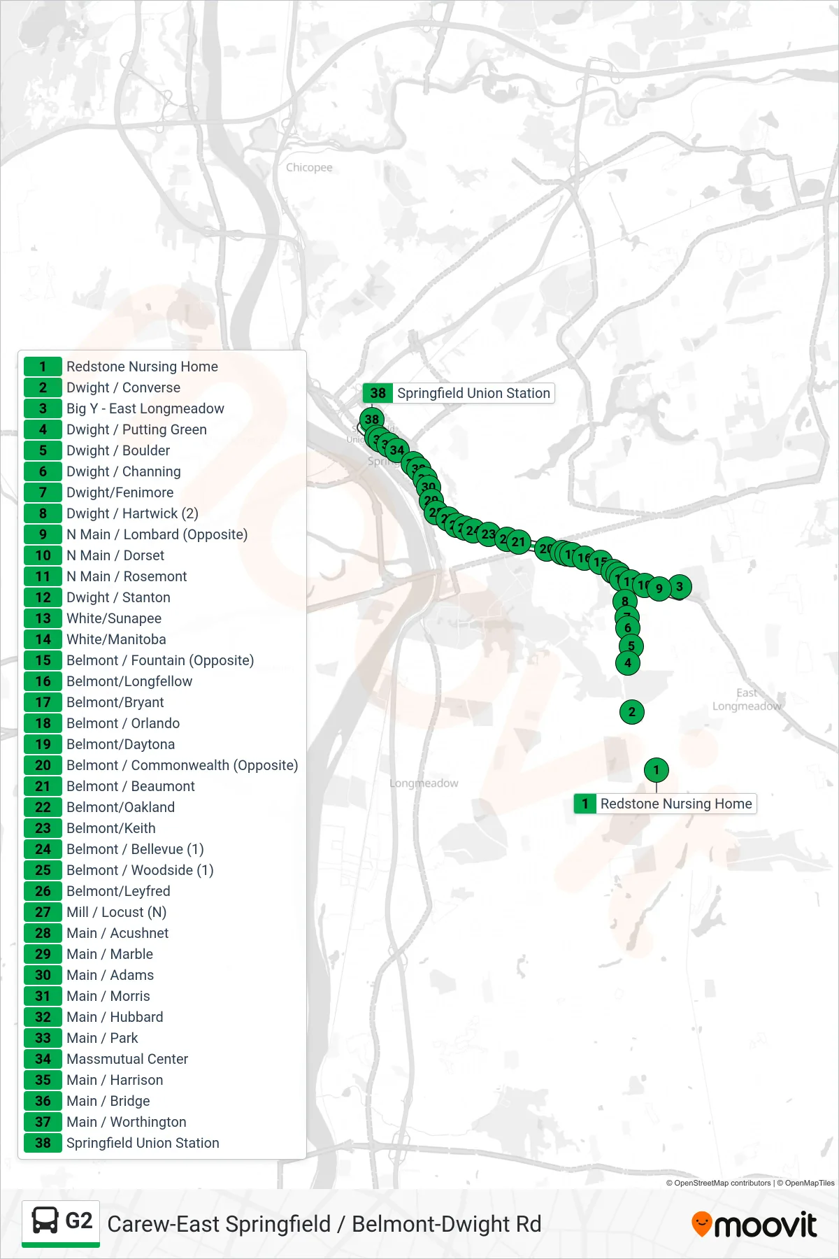 G2 bus Line (Union Station) route and stops on a map