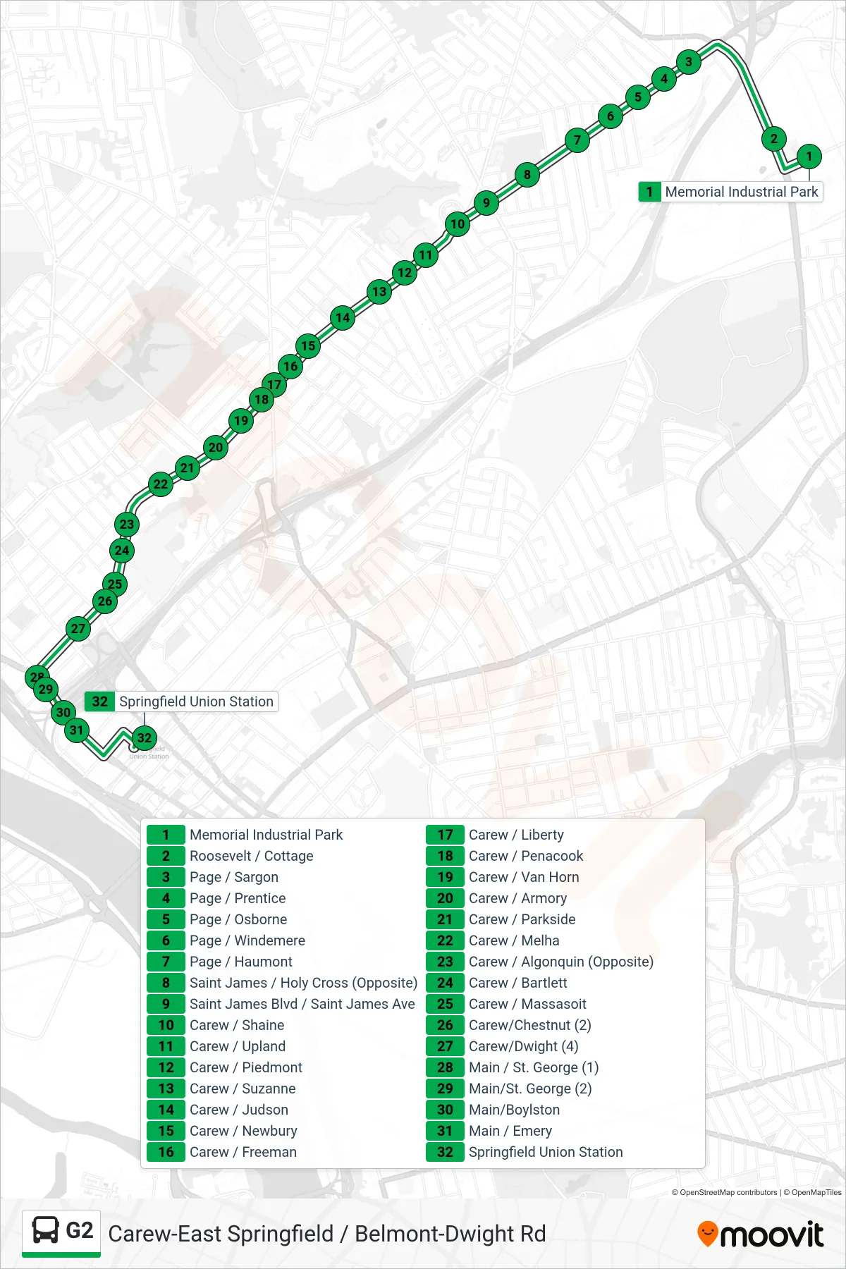 G2 bus Line (E Longmeadow Big Y Via Union Station) route and stops on a map
