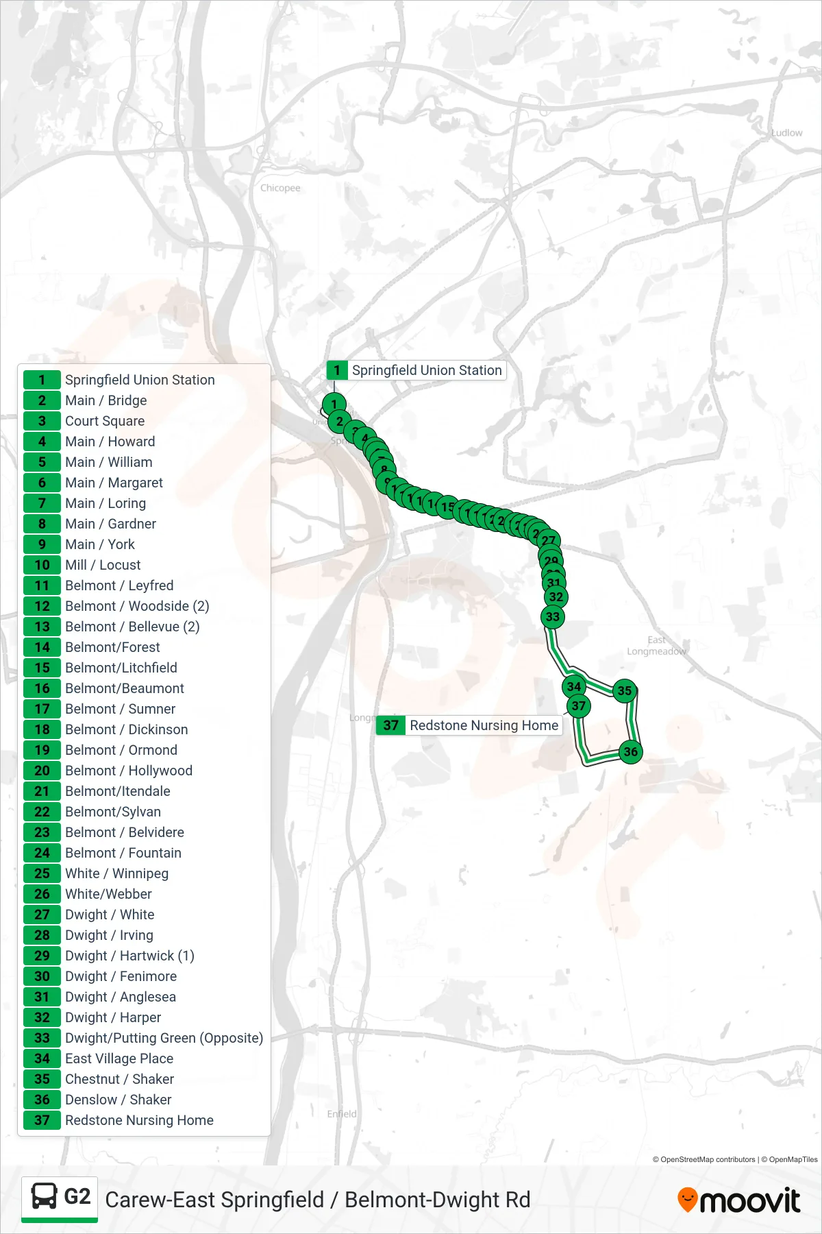 G2 bus Line (Dwight / Benton Via Belmont) route and stops on a map