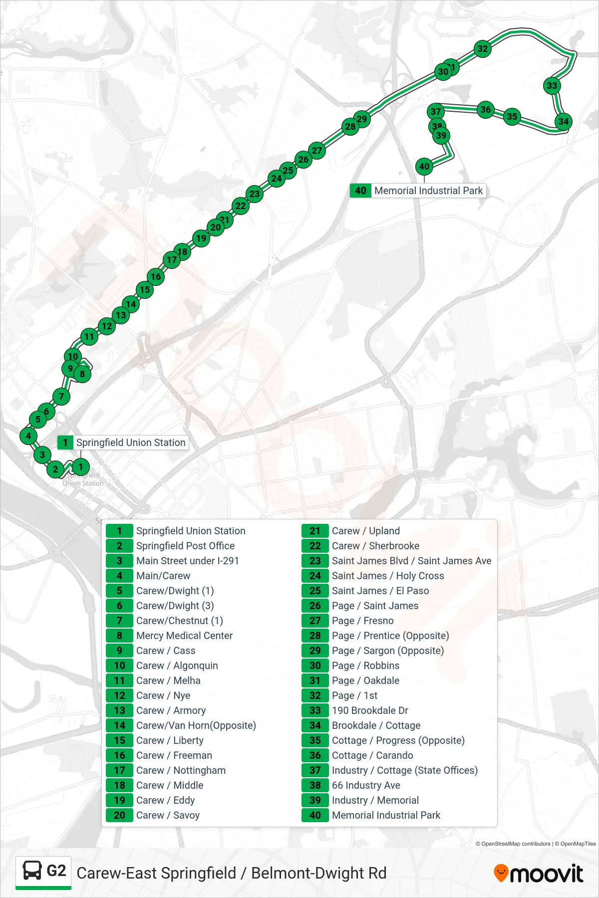 G2 bus Line (E Springfield Via Carew-Mercy-Cottage) route and stops on a map