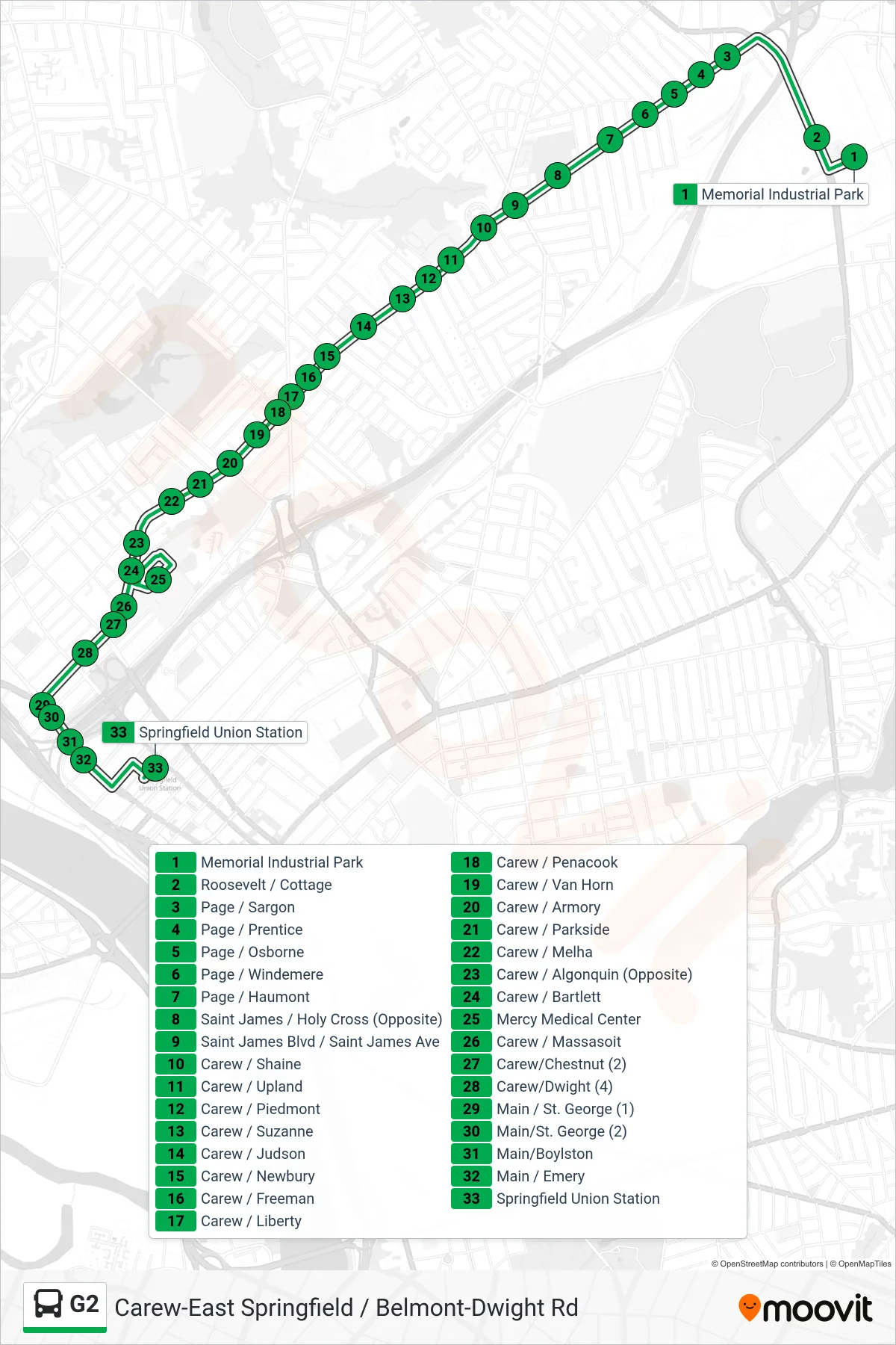 G2 bus Line (Dwight / Benton Via Mercy-Union Sta) route and stops on a map