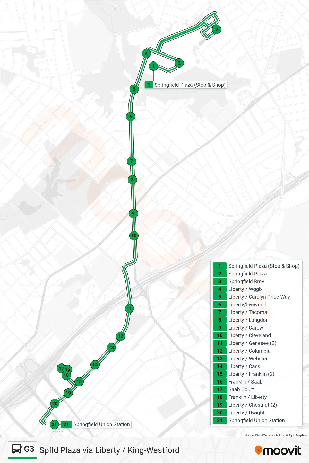 G3 bus Line (King/Westford Via Union Station) route and stops on a map