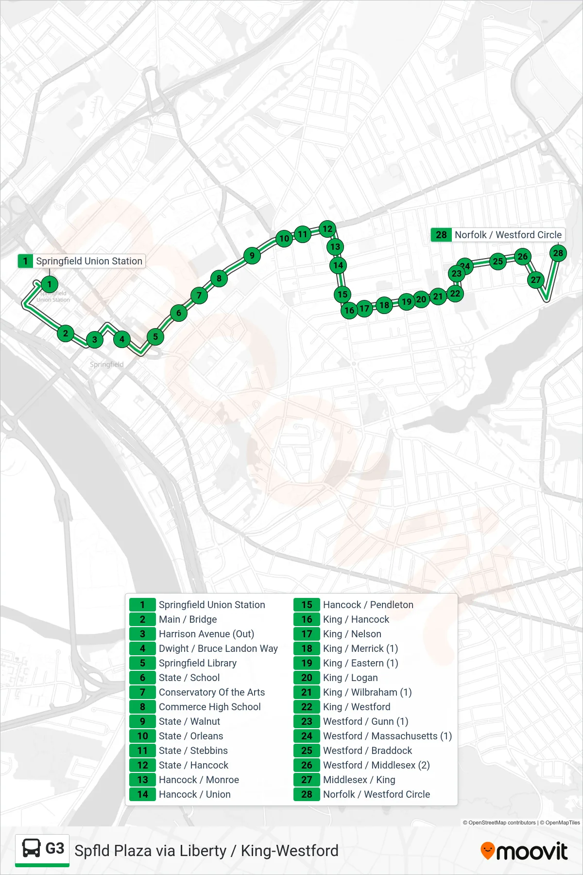 G3 bus Line (King/Westford) route and stops on a map