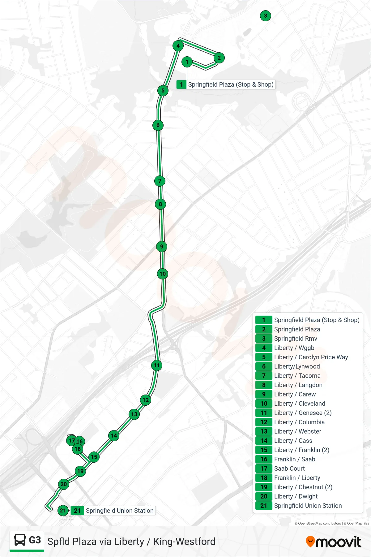 G3 bus Line (King/Westford Via Saab Ct And Union Station) route and stops on a map