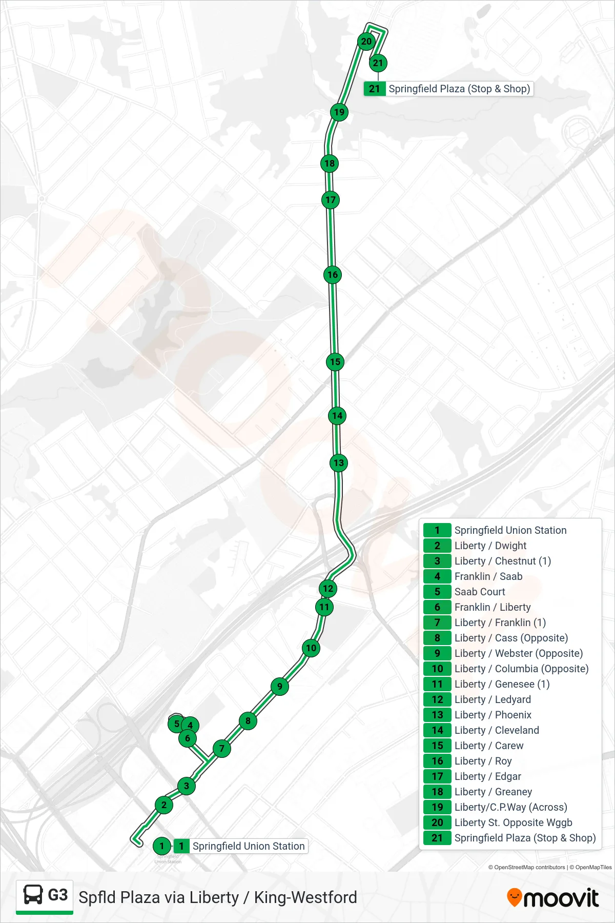 G3 bus Line (Springfield Plaza Via Saab Court) route and stops on a map