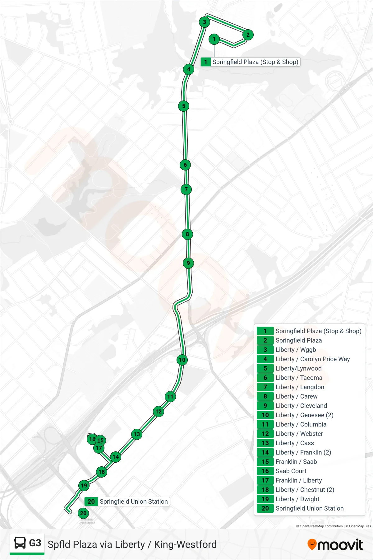 G3 bus Line (Union Station) route and stops on a map