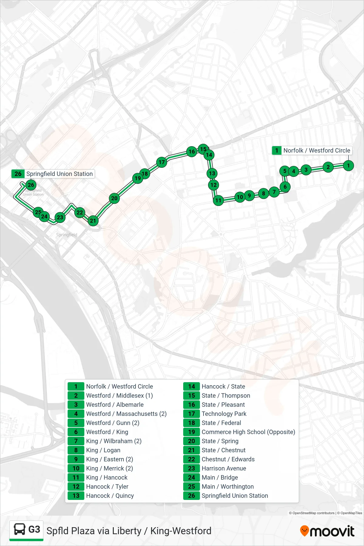 G3 bus Line (Springfield Plaza Via Union Station) route and stops on a map