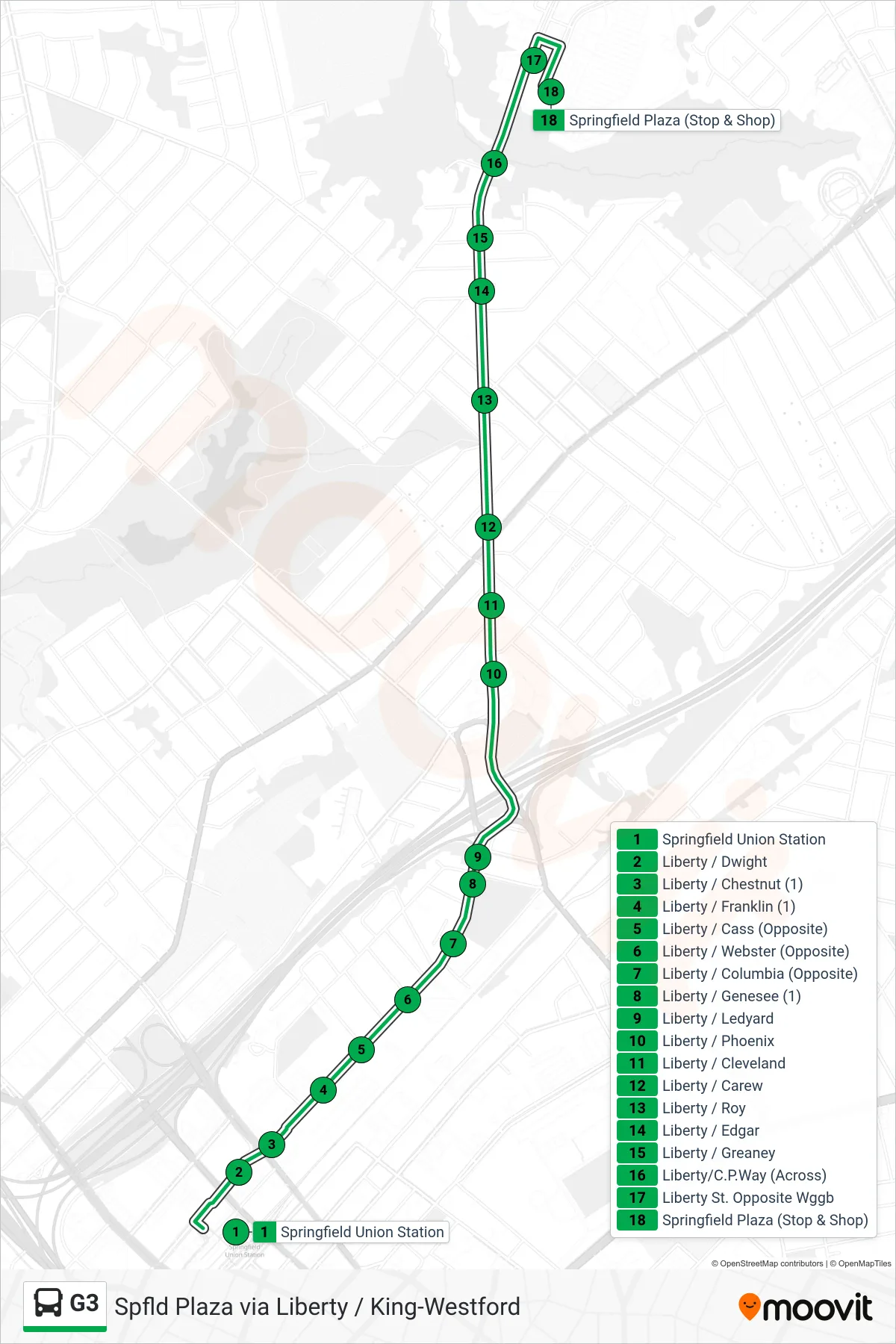 G3 bus Line (Springfield Plaza) route and stops on a map