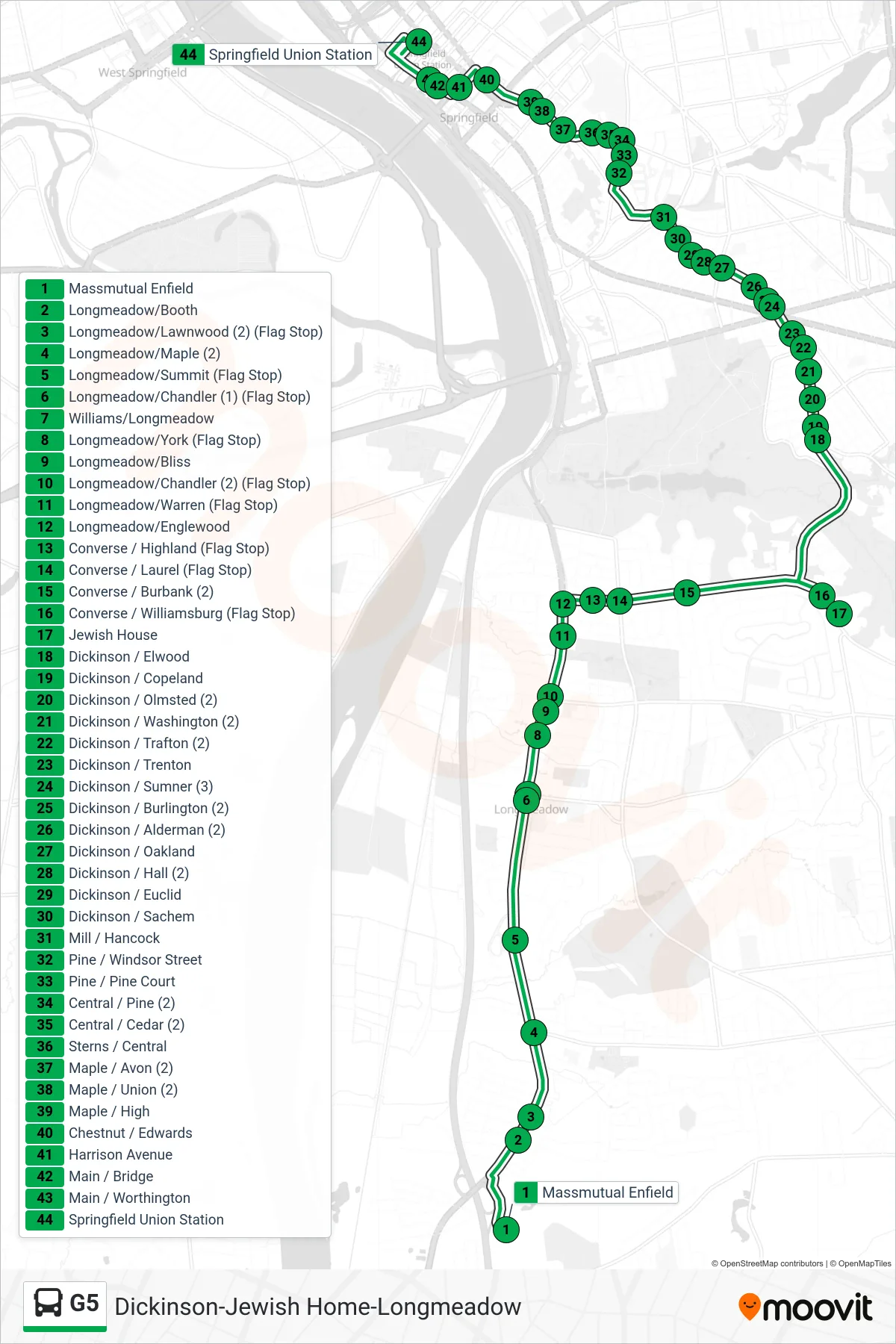 G5 bus Line (Union Station Via Jewish Home) route and stops on a map