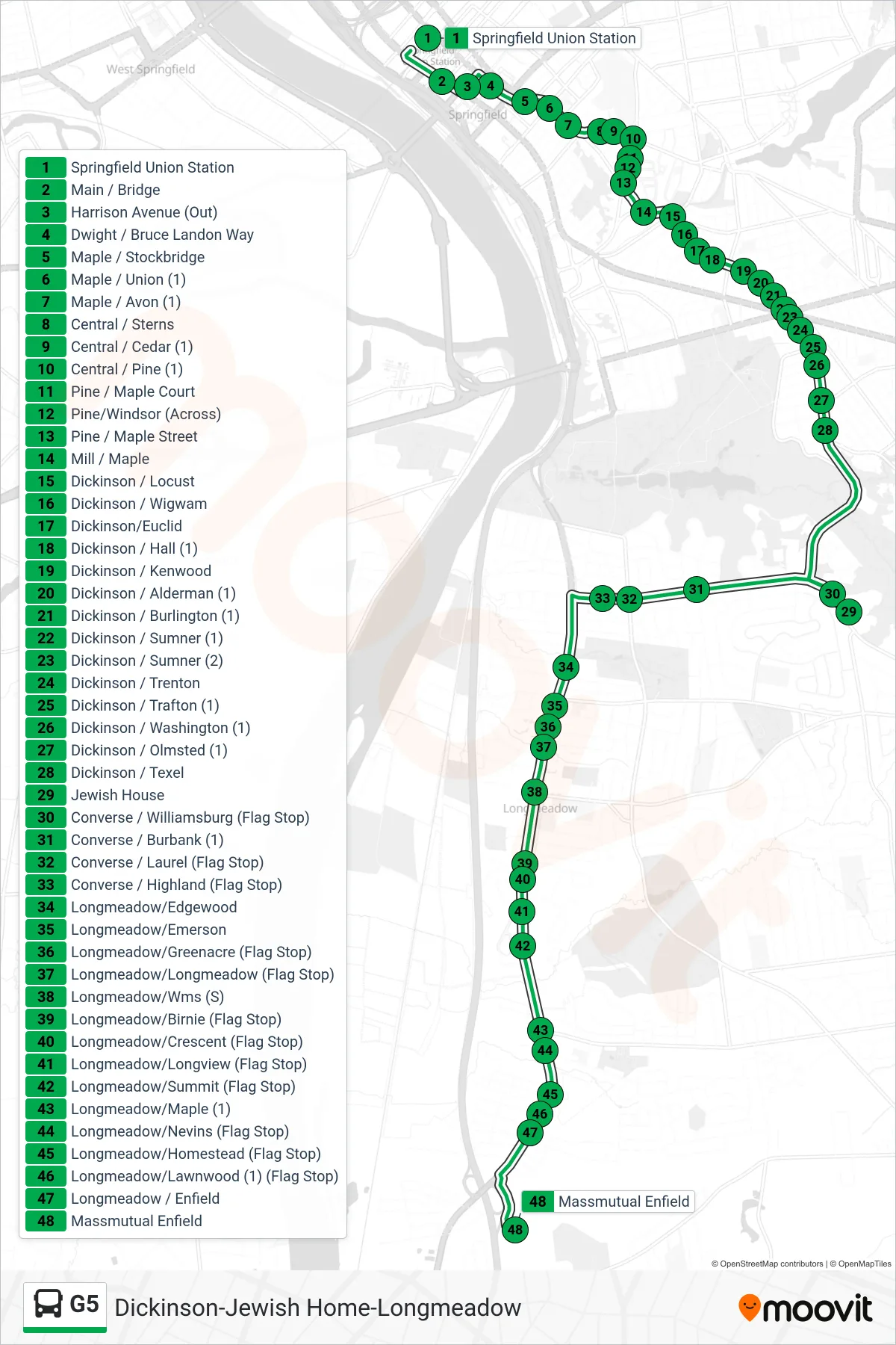 G5 bus Line (Jewish Home To Massmutual Via Dickinson) route and stops on a map