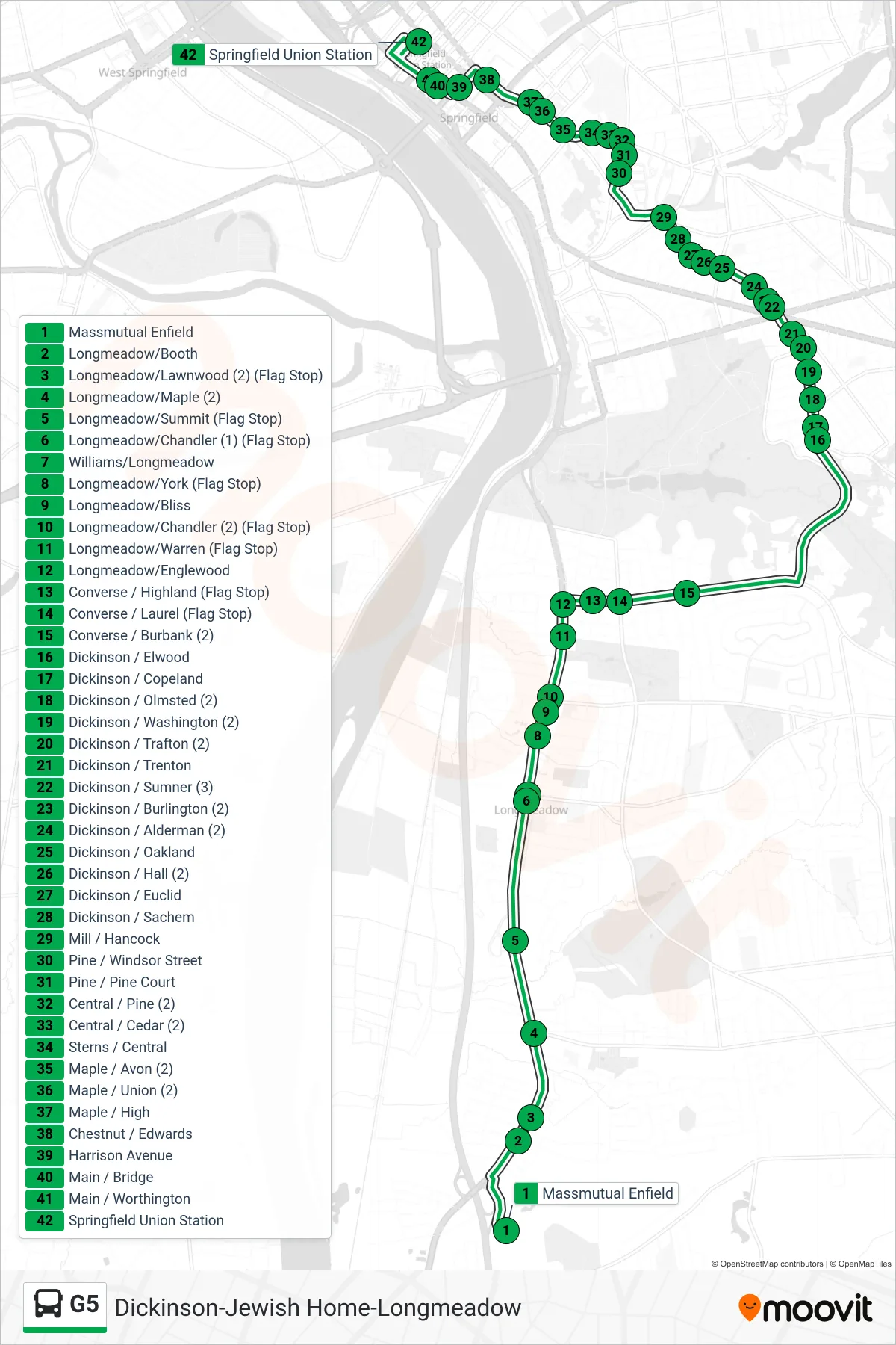 G5 bus Line (Union Station Via Dickinson) route and stops on a map