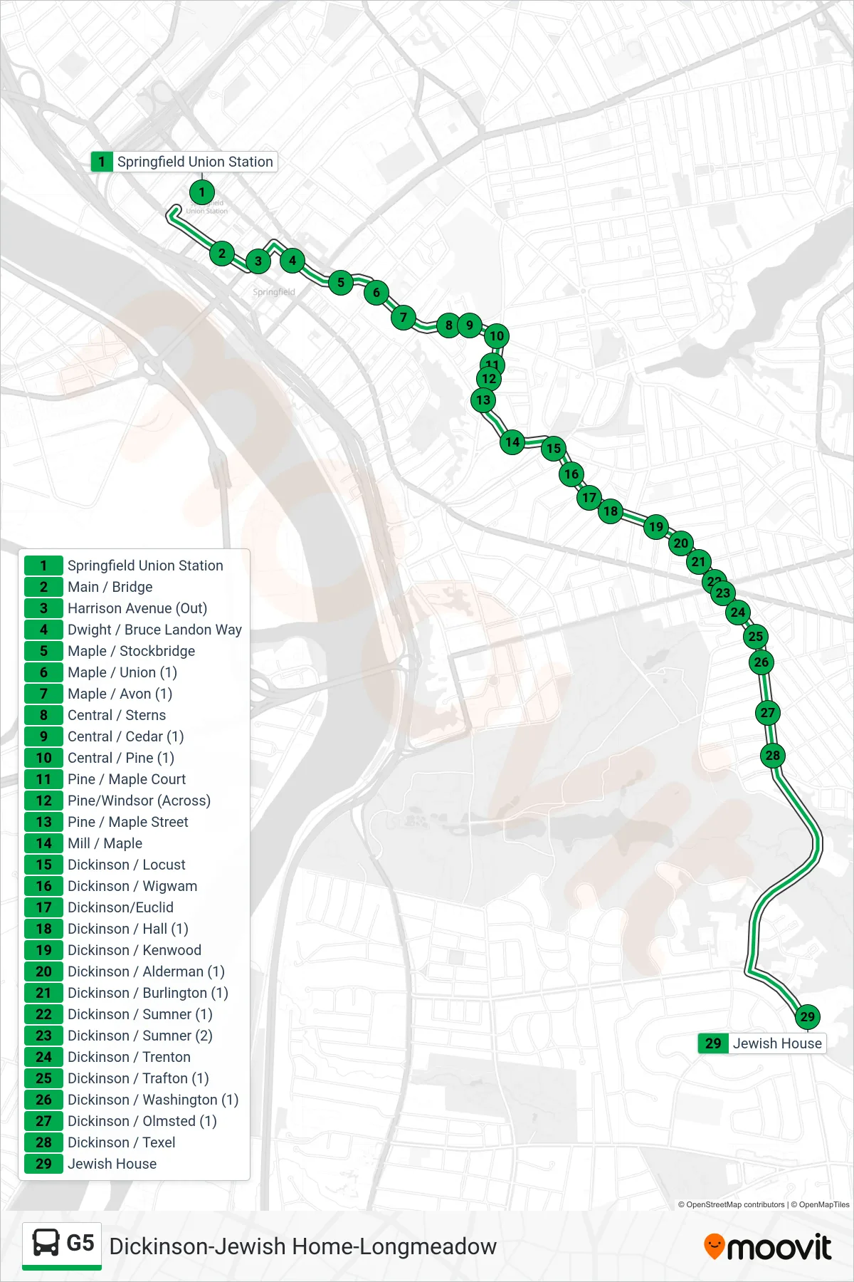 G5 bus Line (Jewish Home Via Dickinson) route and stops on a map