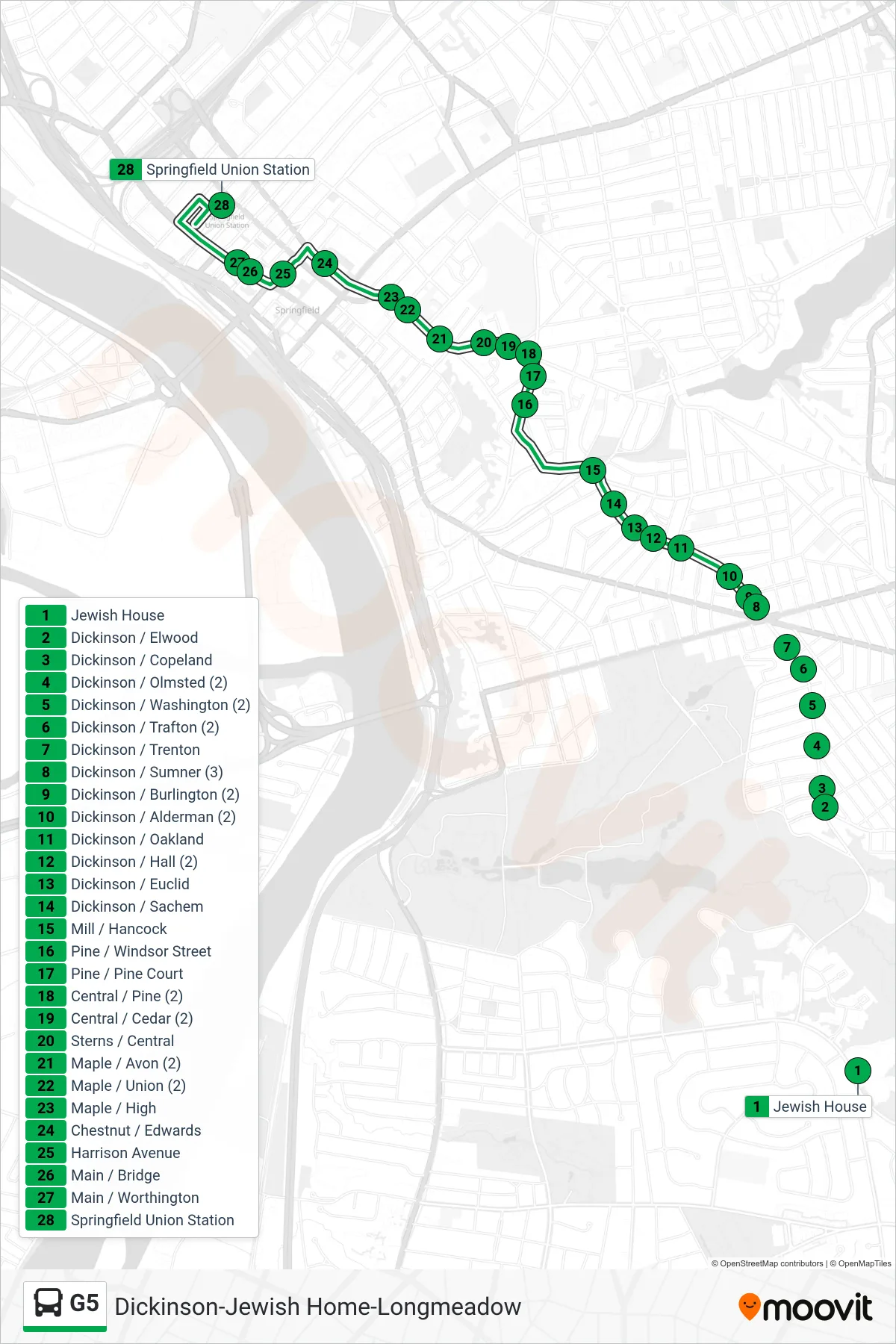 G5 bus Line (Union Station) route and stops on a map