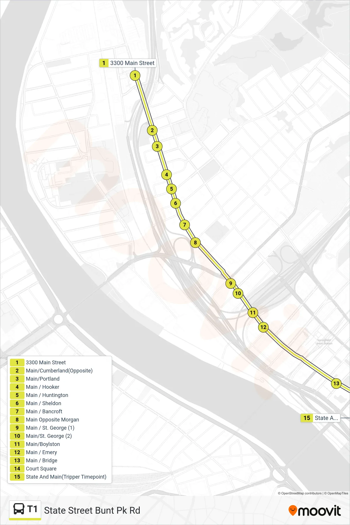 T1 bus Line (State Street Bunt Pk Rd) route and stops on a map